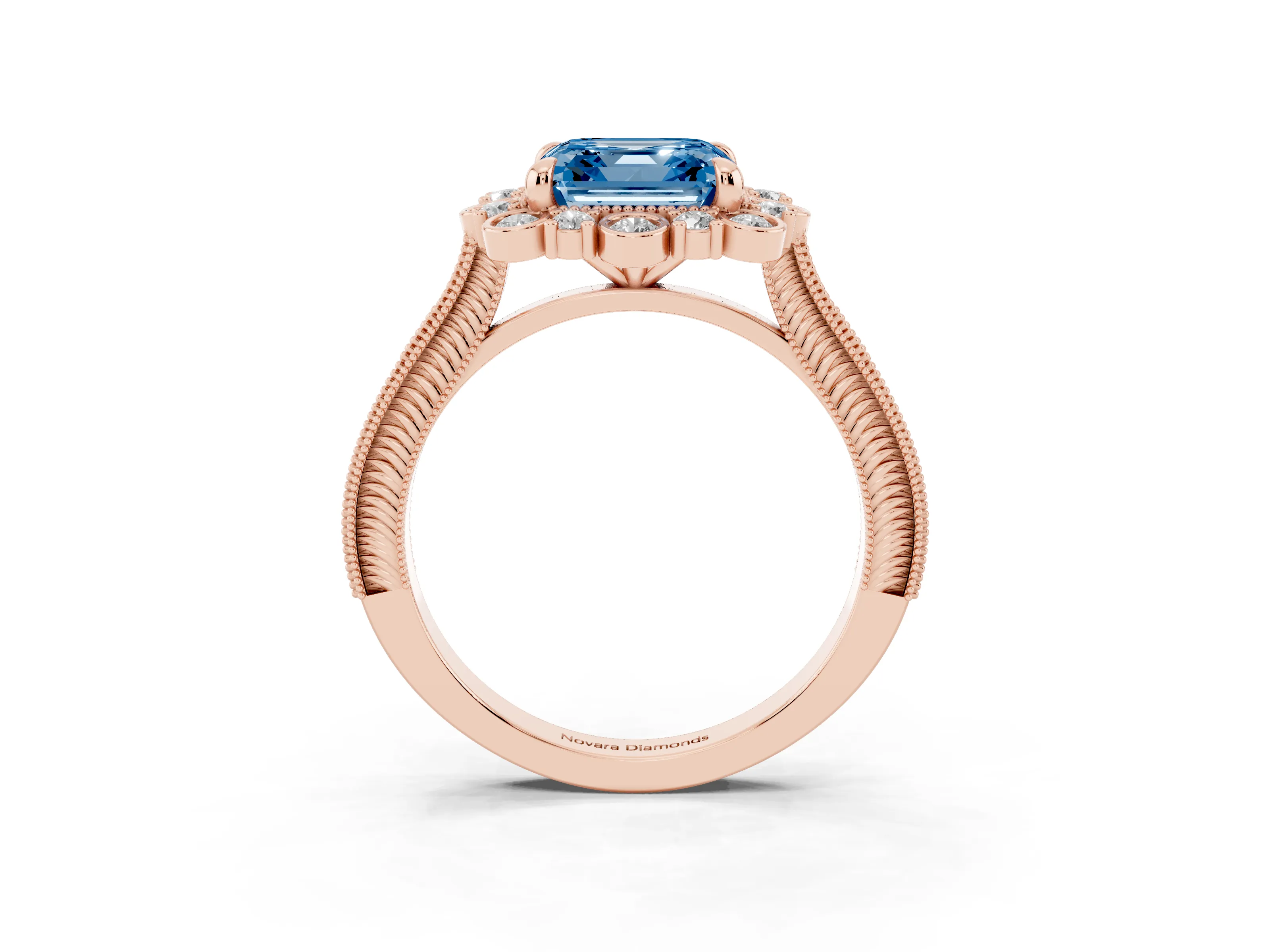 Fancy Blue Asscher Cut Diamond Halo Milgrain Pavé Ring Set in Rose gold with Prong Setting