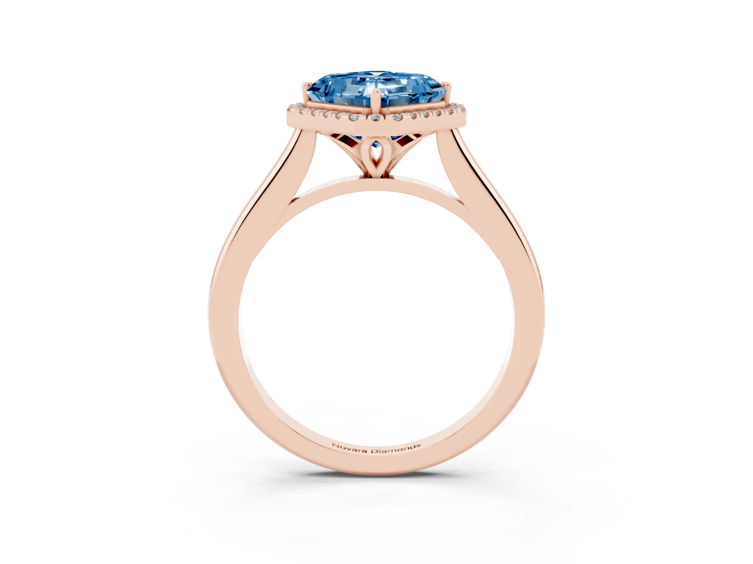 Fancy Blue Asscher Cut Diamond Halo Engagement Ring Set in Rose gold with Pavé Band and Rising Shoulders