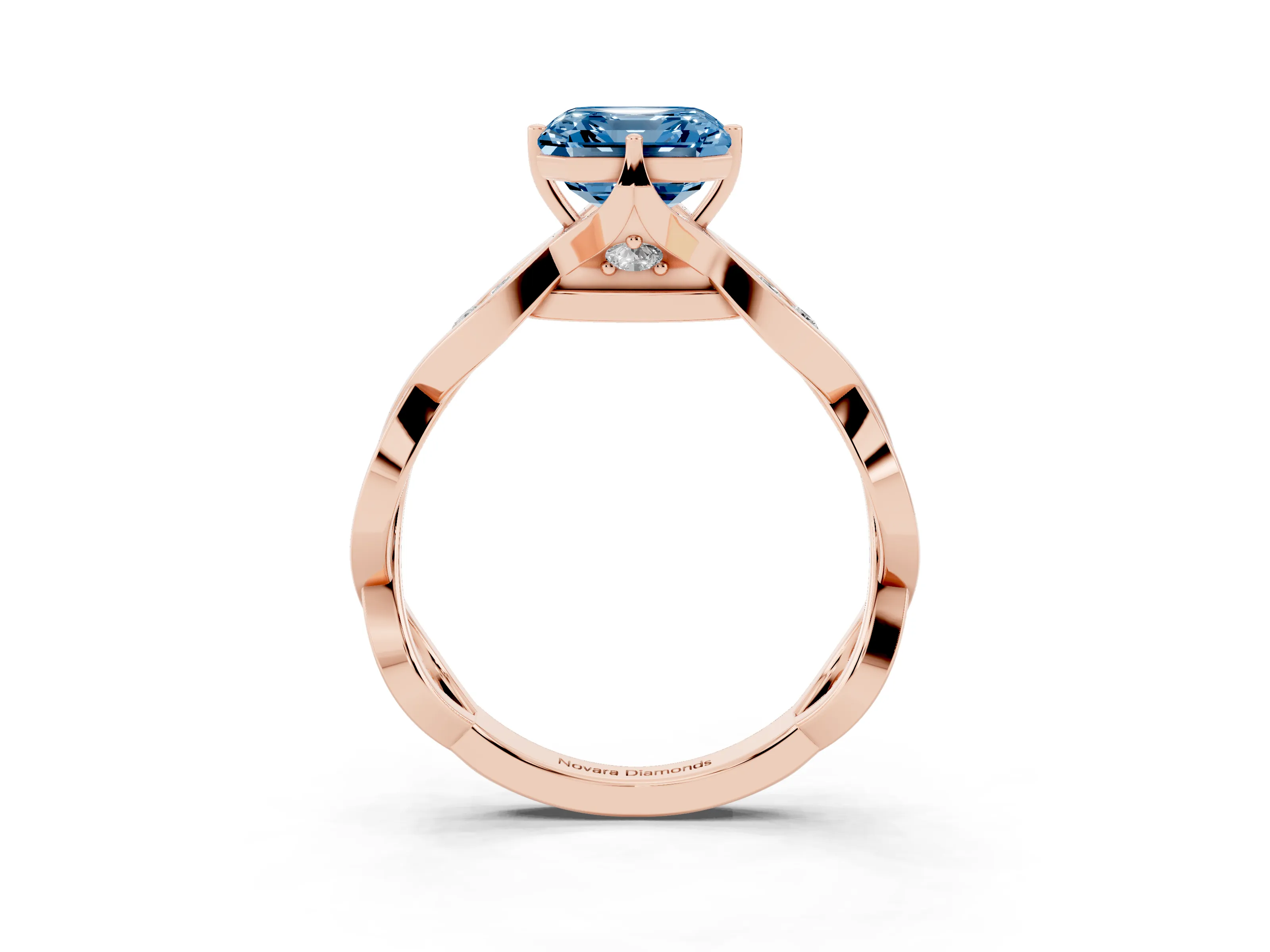 Fancy Blue Asscher Cut Diamond Twist Band Solitaire Ring Set in Rose gold with Leaf Prong Setting and Accent Stones