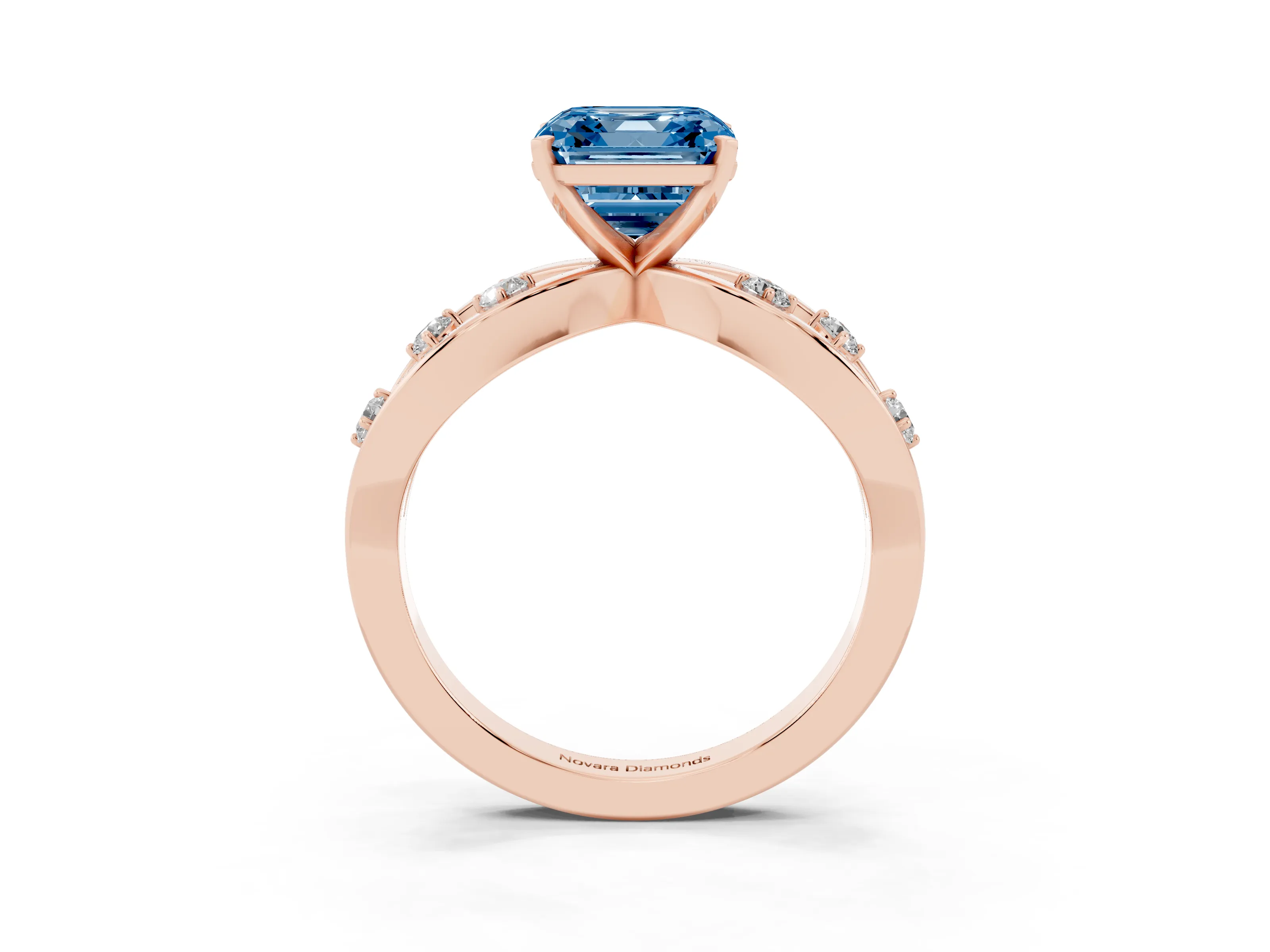 Fancy Blue Asscher Cut Diamond Solitaire Ring Set in Rose gold with Side Stones on Criss-Cross Band and Prong Setting