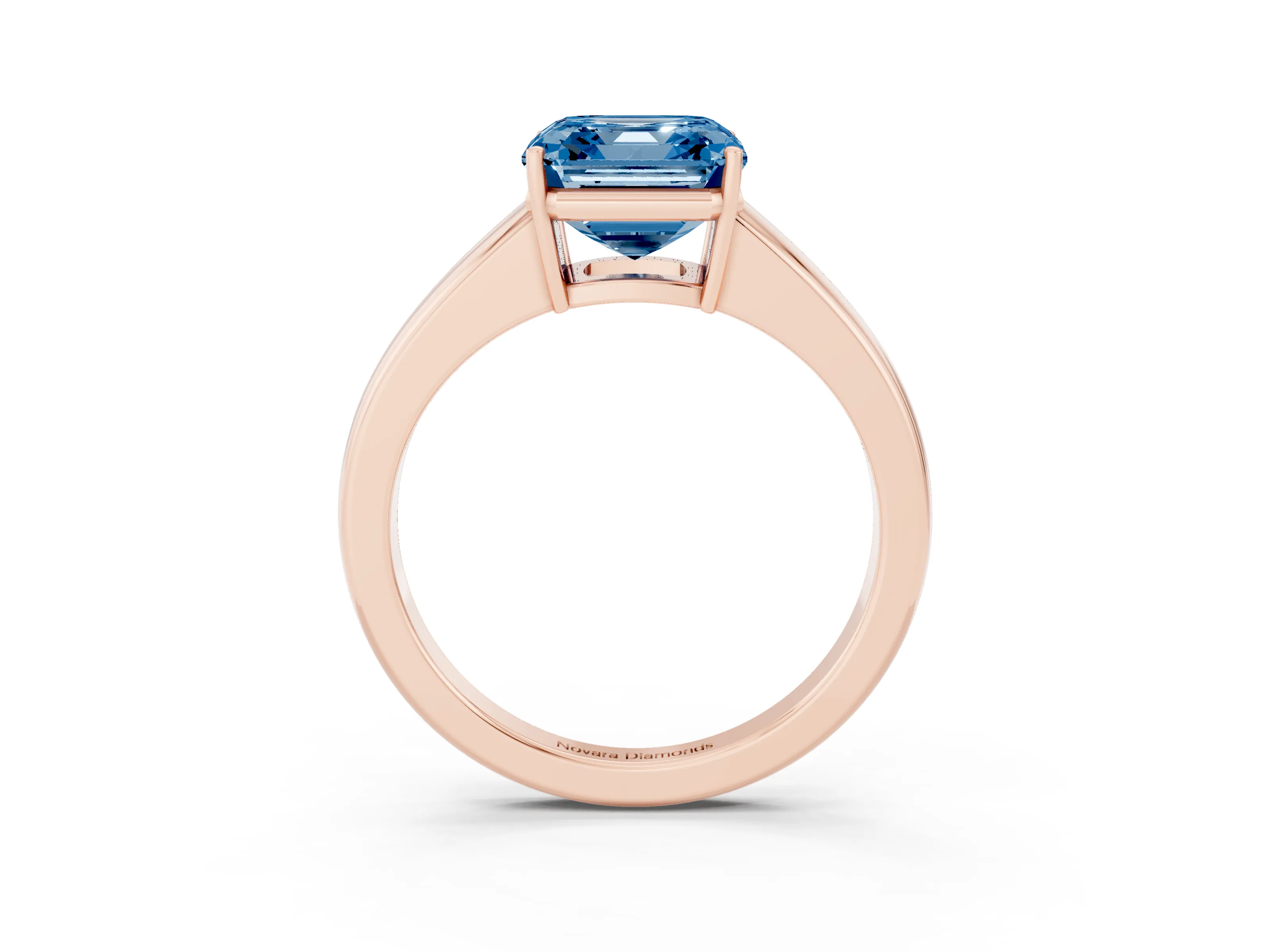 Fancy Blue Asscher Cut Diamond Solitaire Ring Set in Rose gold with Tapered Band and Prong Setting