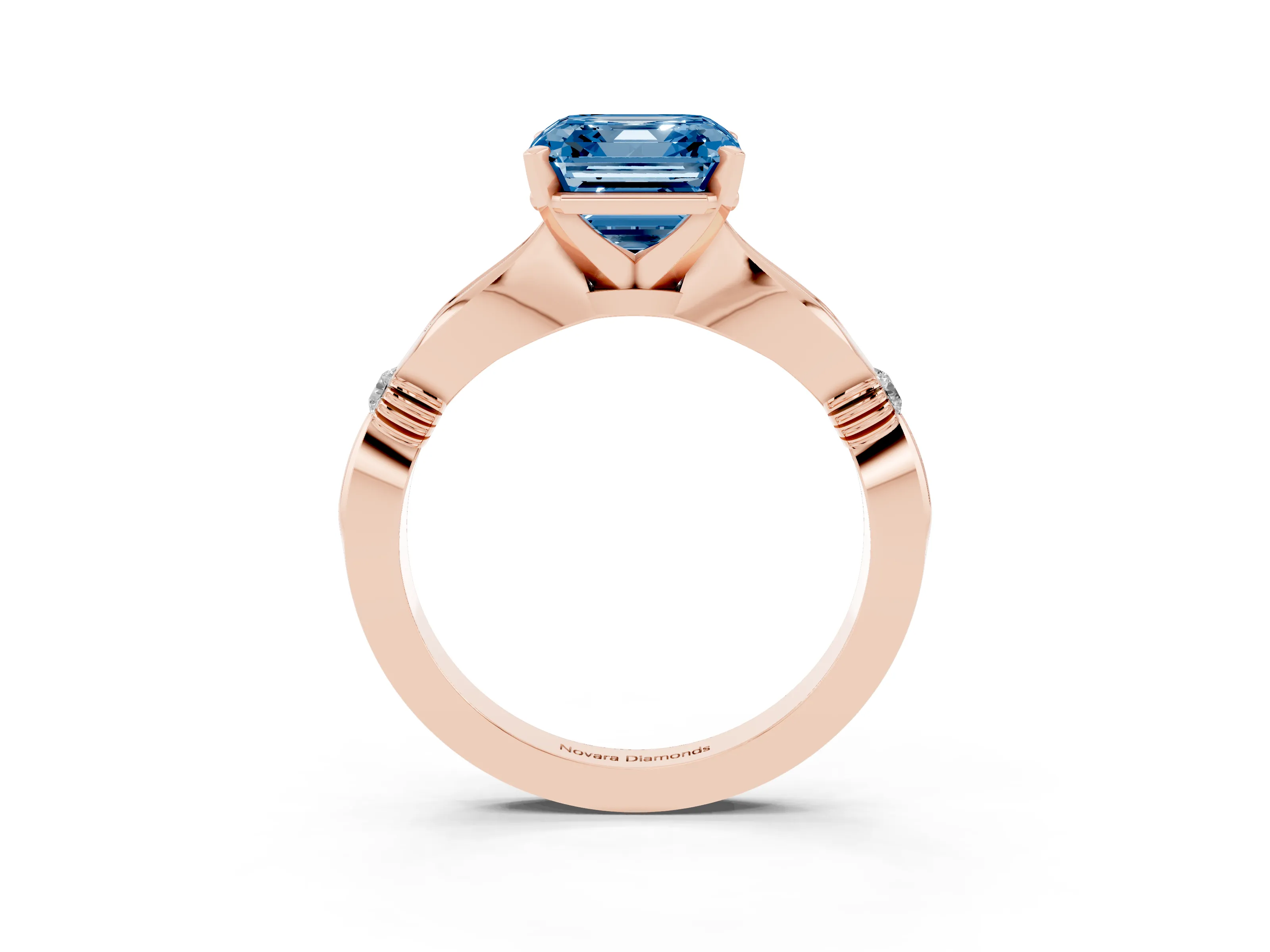 Fancy Blue Asscher Cut Diamond Solitaire Twisted Band Ring Set in Rose gold with Accent Stones and Prong Setting
