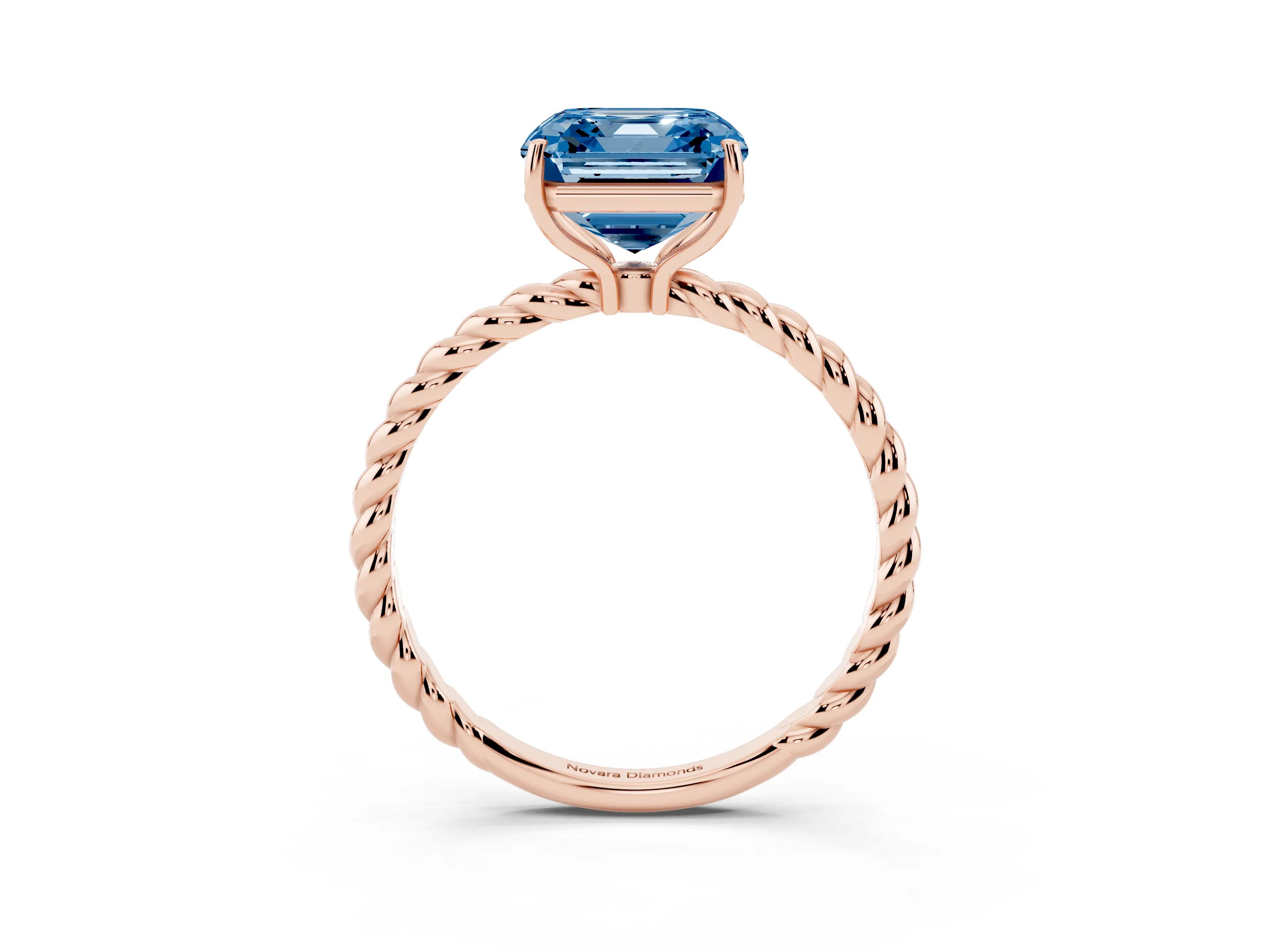 Fancy Blue Asscher Cut Diamond Solitaire Ring Set in Rose gold with Twist Band and Prong Setting