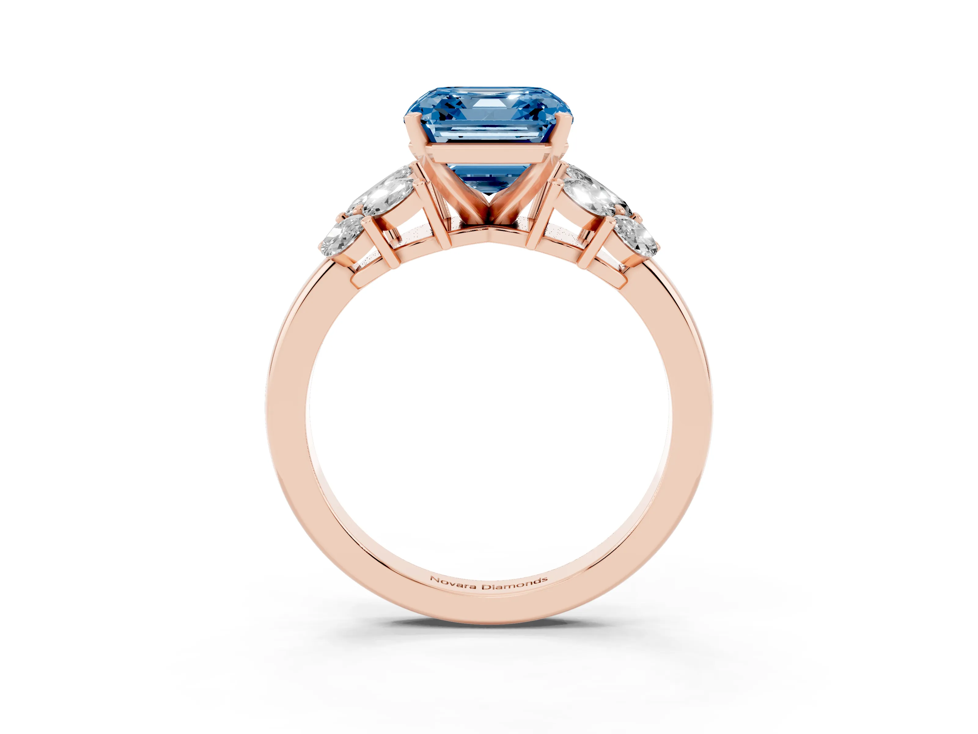 Fancy Blue Asscher Cut Diamond Cluster Leaf Design Ring Set in Rose gold with Prong Setting