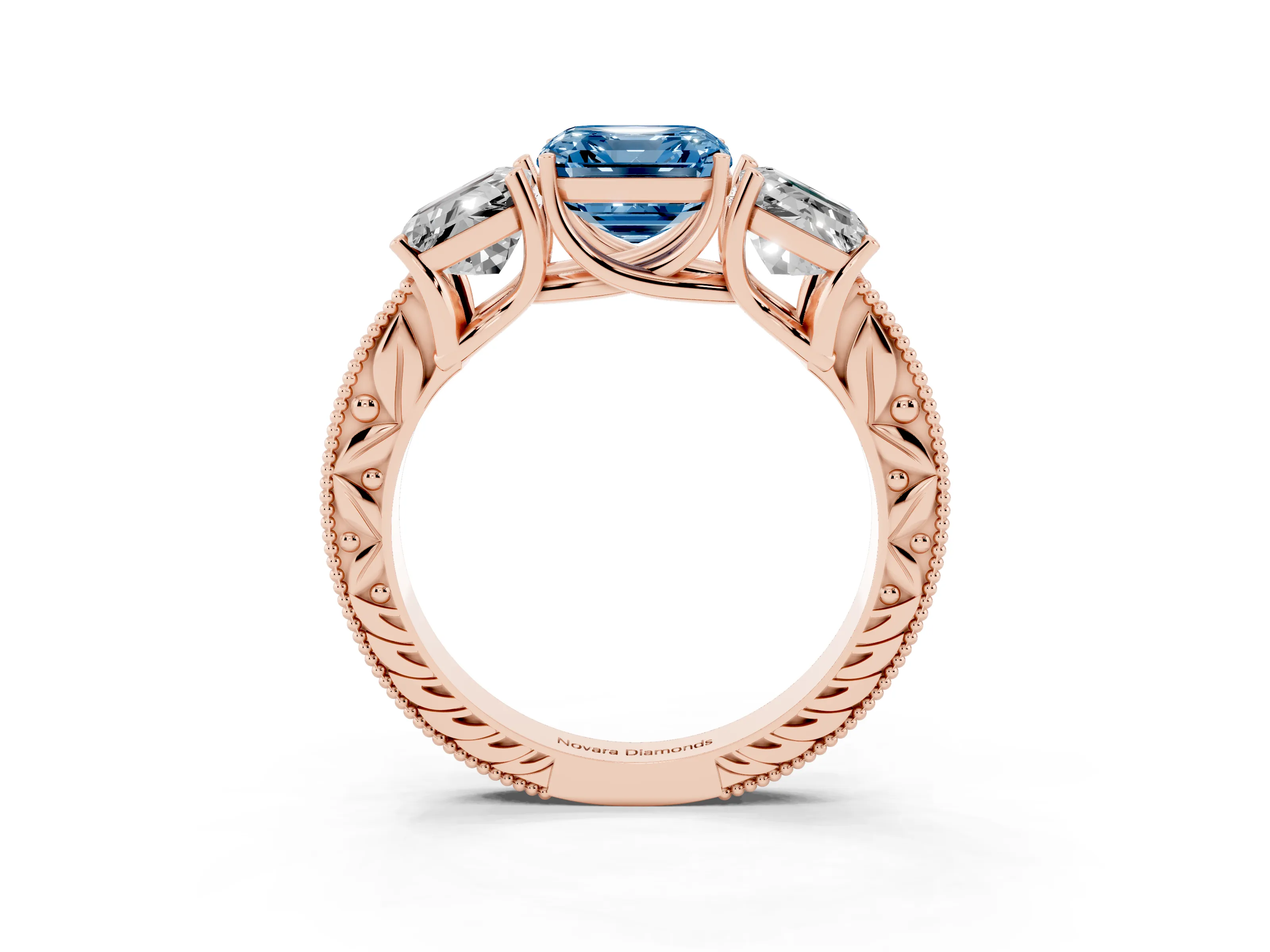 Fancy Blue Asscher Cut Diamond Three-Stone Engagement Ring Set in Rose gold with Milgrain Pavé Band