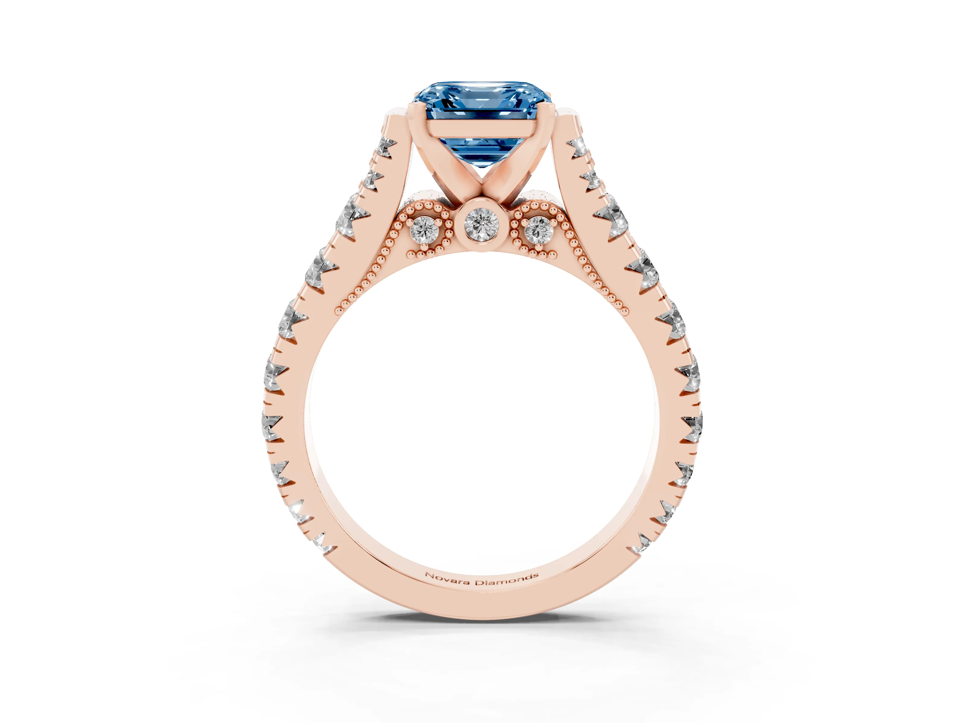 Fancy Blue Asscher Cut Diamond Classic Solitaire Ring Set in Rose gold with Pavé Band and Prong Setting