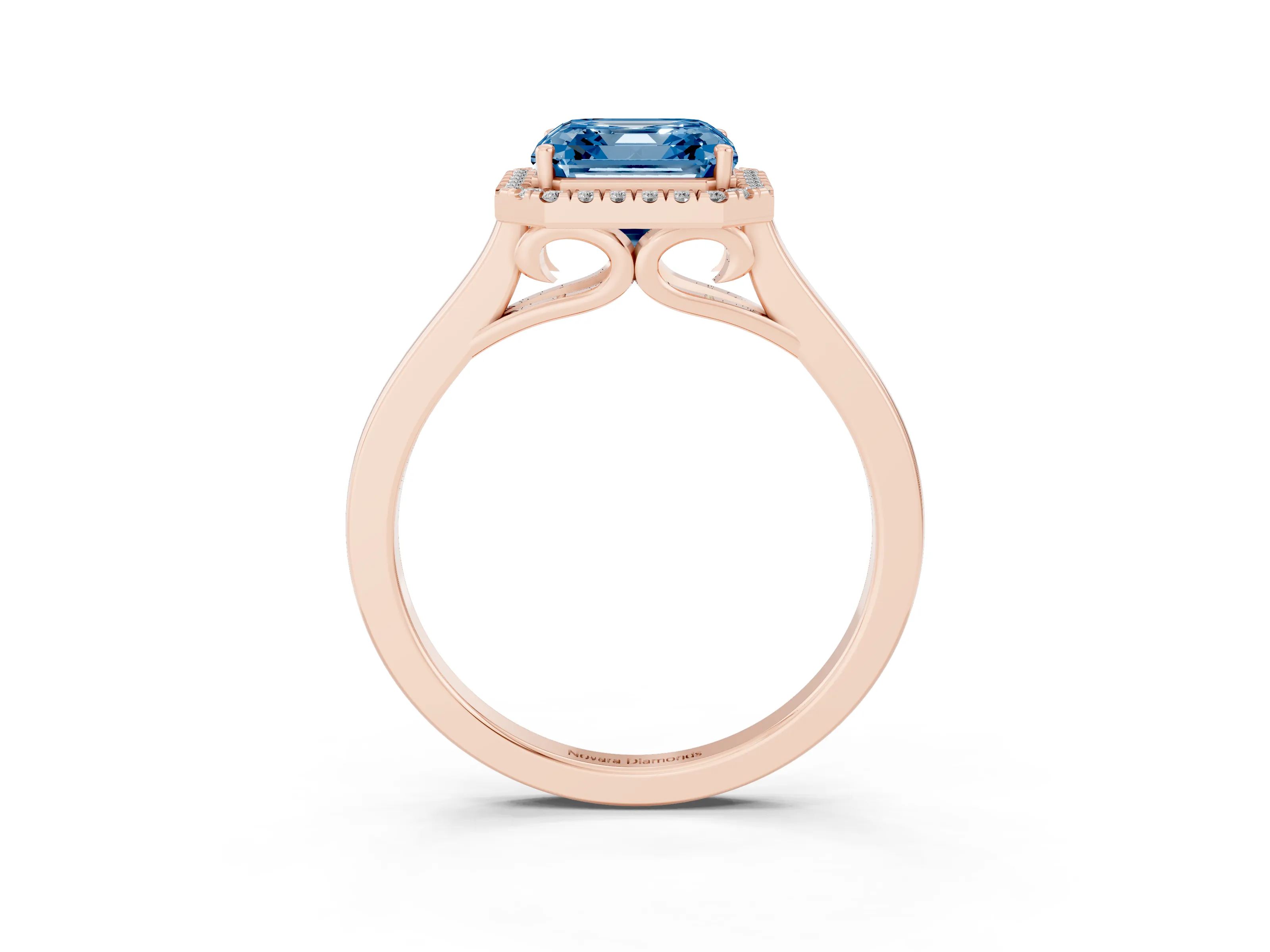 Fancy Blue Asscher Cut Halo Round Diamond Solitaire Ring Set in Rose gold with Pavé Band and Prong Setting