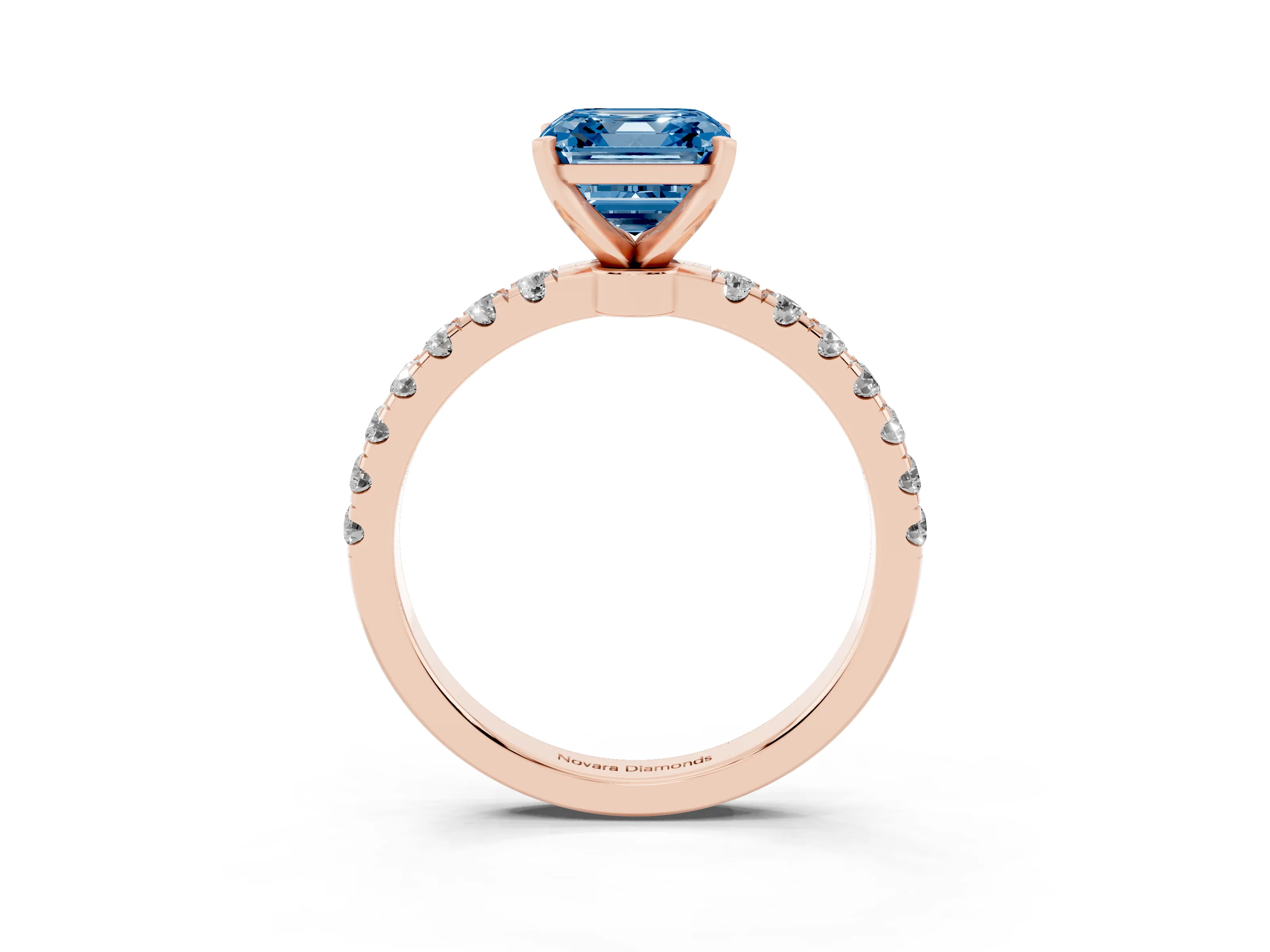 Fancy Blue Asscher Cut Diamond Solitaire Ring Set in Rose gold with Pavé Accents and Prong Setting