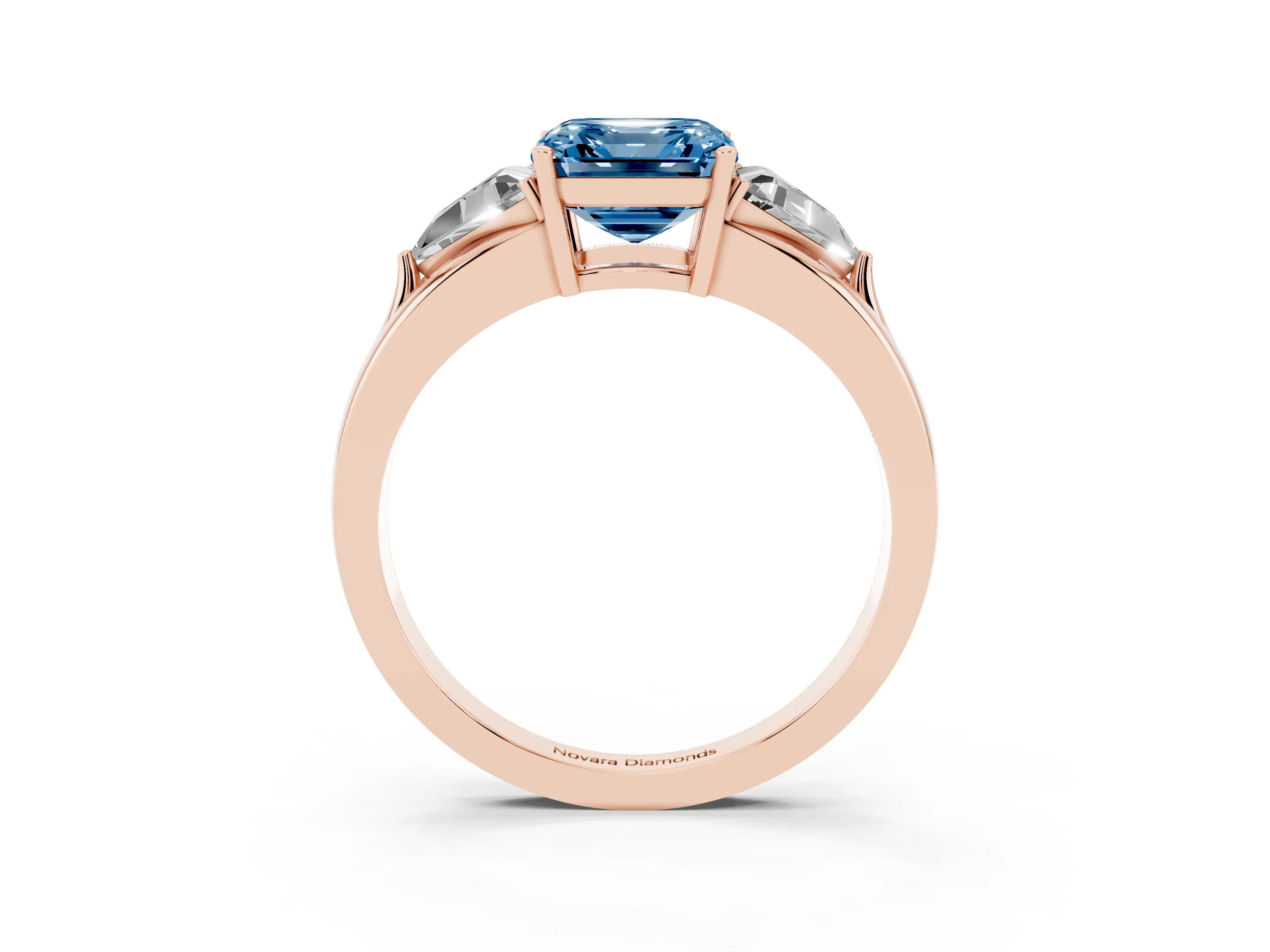 Fancy Blue Asscher Cut Diamond Three-Stone Ring Set in Rose gold with Trillion Side Stones and Split Shank