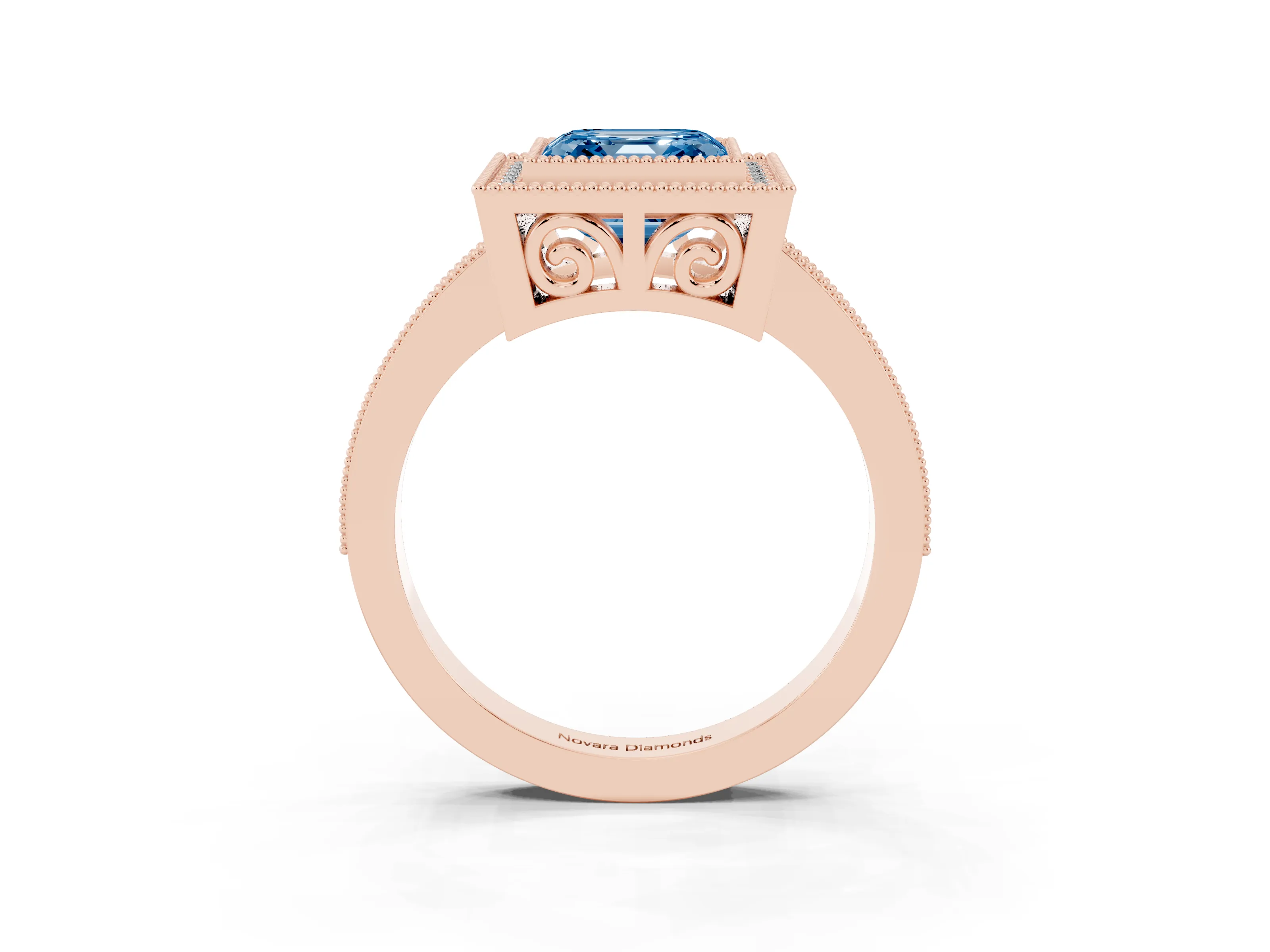 Fancy Blue Asscher Cut Diamond Round Halo Ring Set in Rose gold with Pavé Band