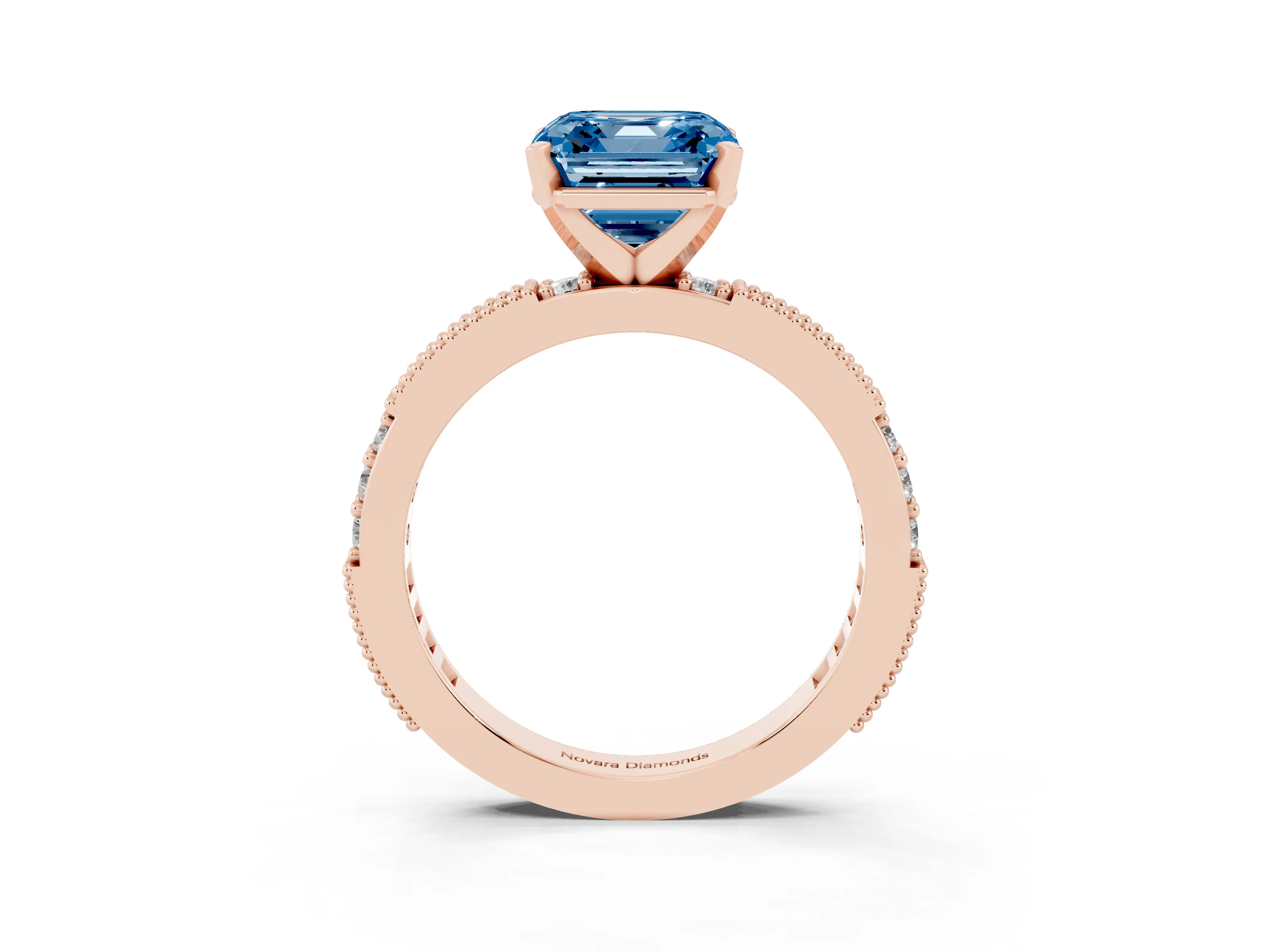 Fancy Blue Asscher Cut Diamond Solitaire Ring Set in Rose gold with Slim Pavé Band and Prong Setting