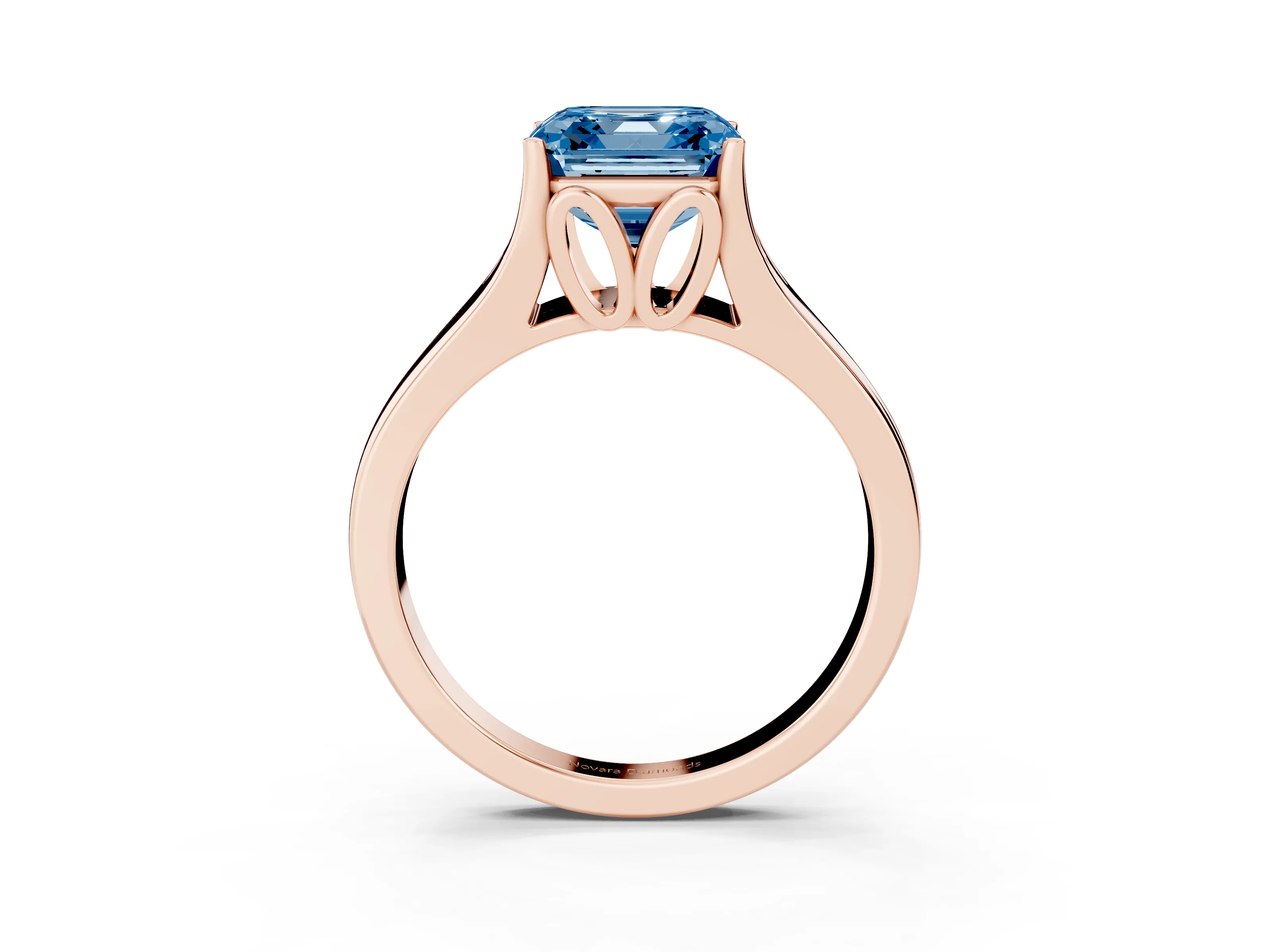 Fancy Blue Asscher Cut Diamond Solitaire Ring Set in Rose gold with Arched Cathedral Band and Prong Setting