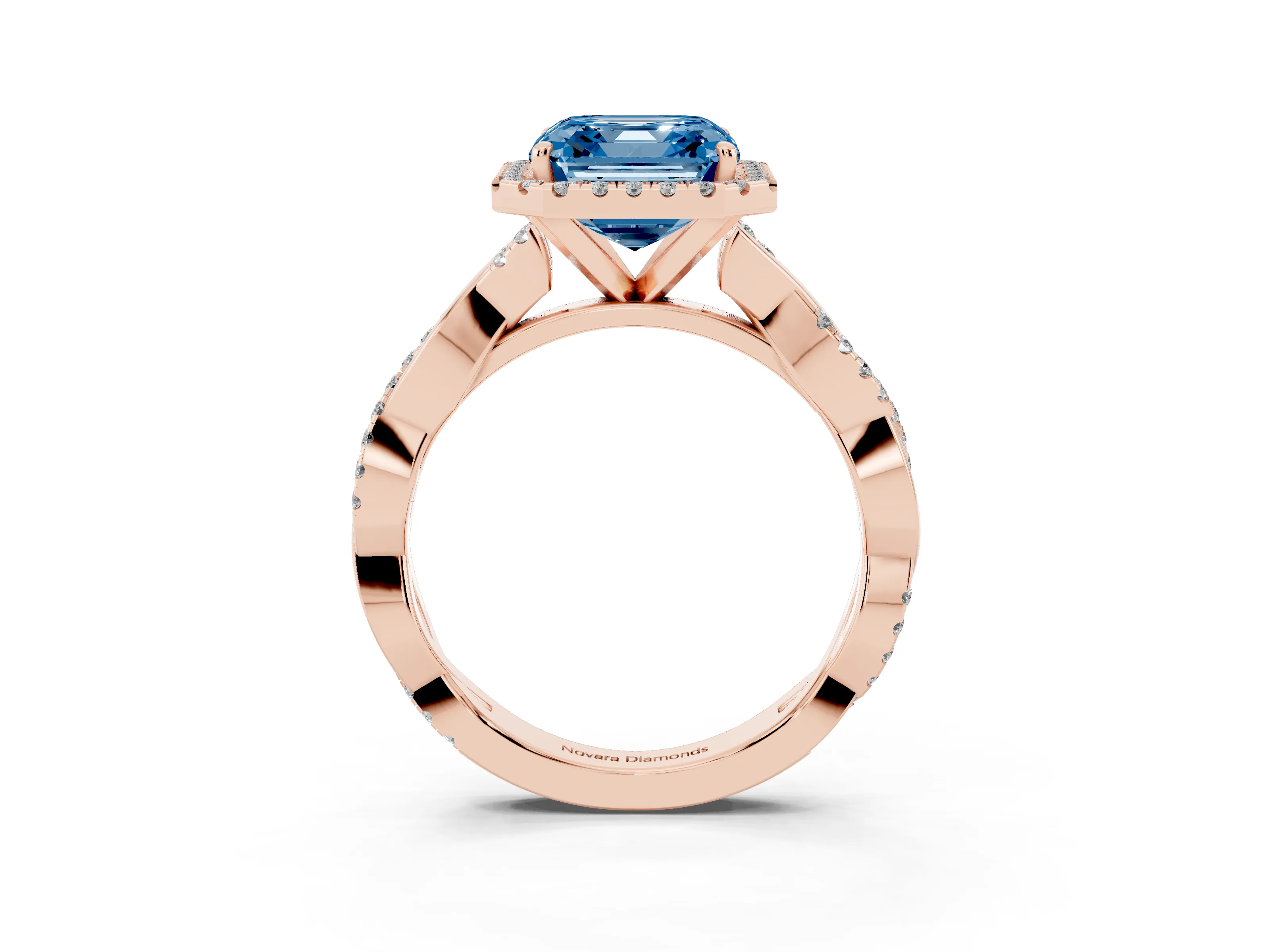 Fancy Blue Asscher Cut Diamond Halo Twisted Band Ring Set in Rose gold with Prong Setting