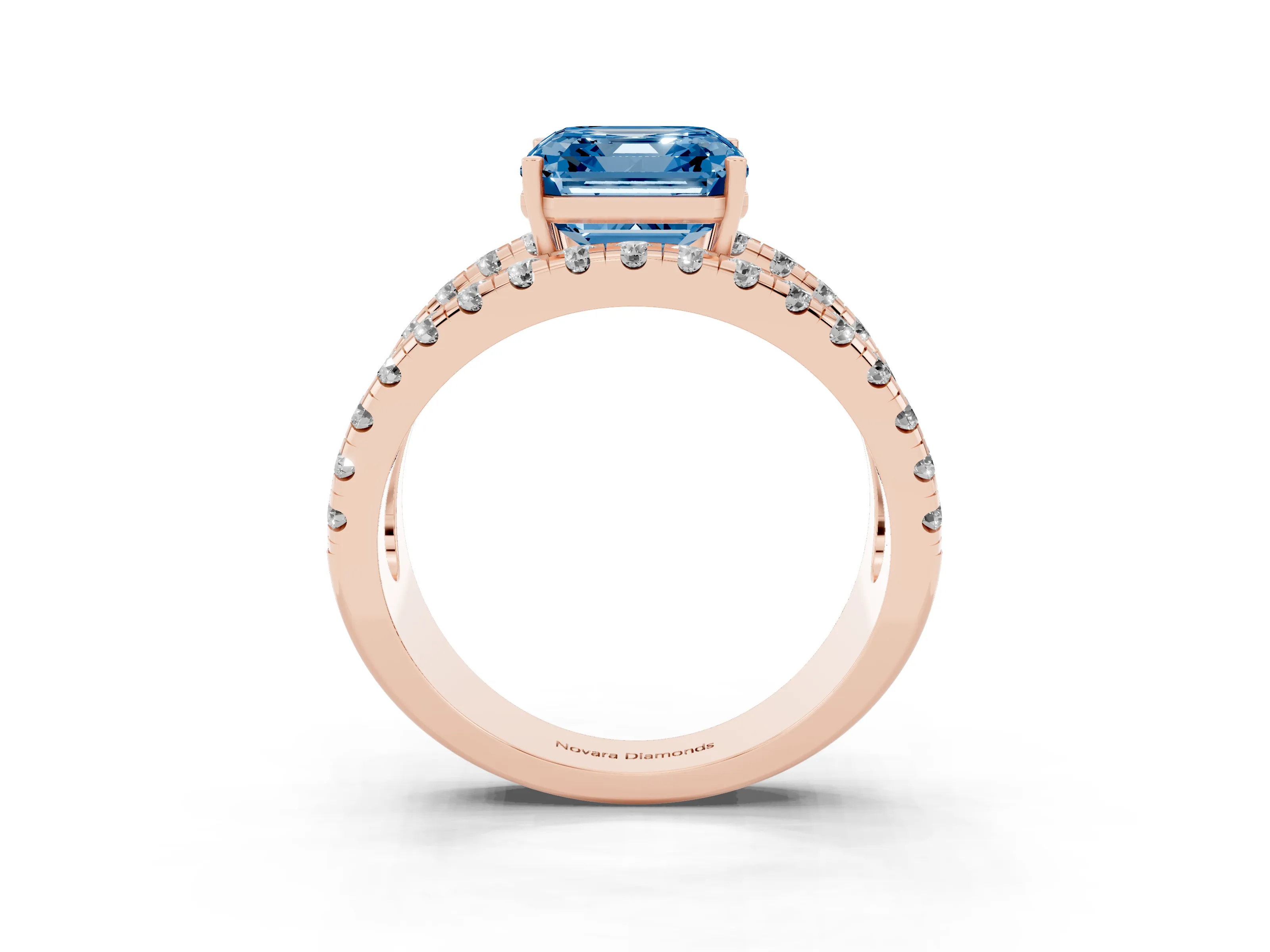 Fancy Blue Asscher Cut Diamond Split Shank Pavé Solitaire Ring Set in Rose gold with Open Shank Design