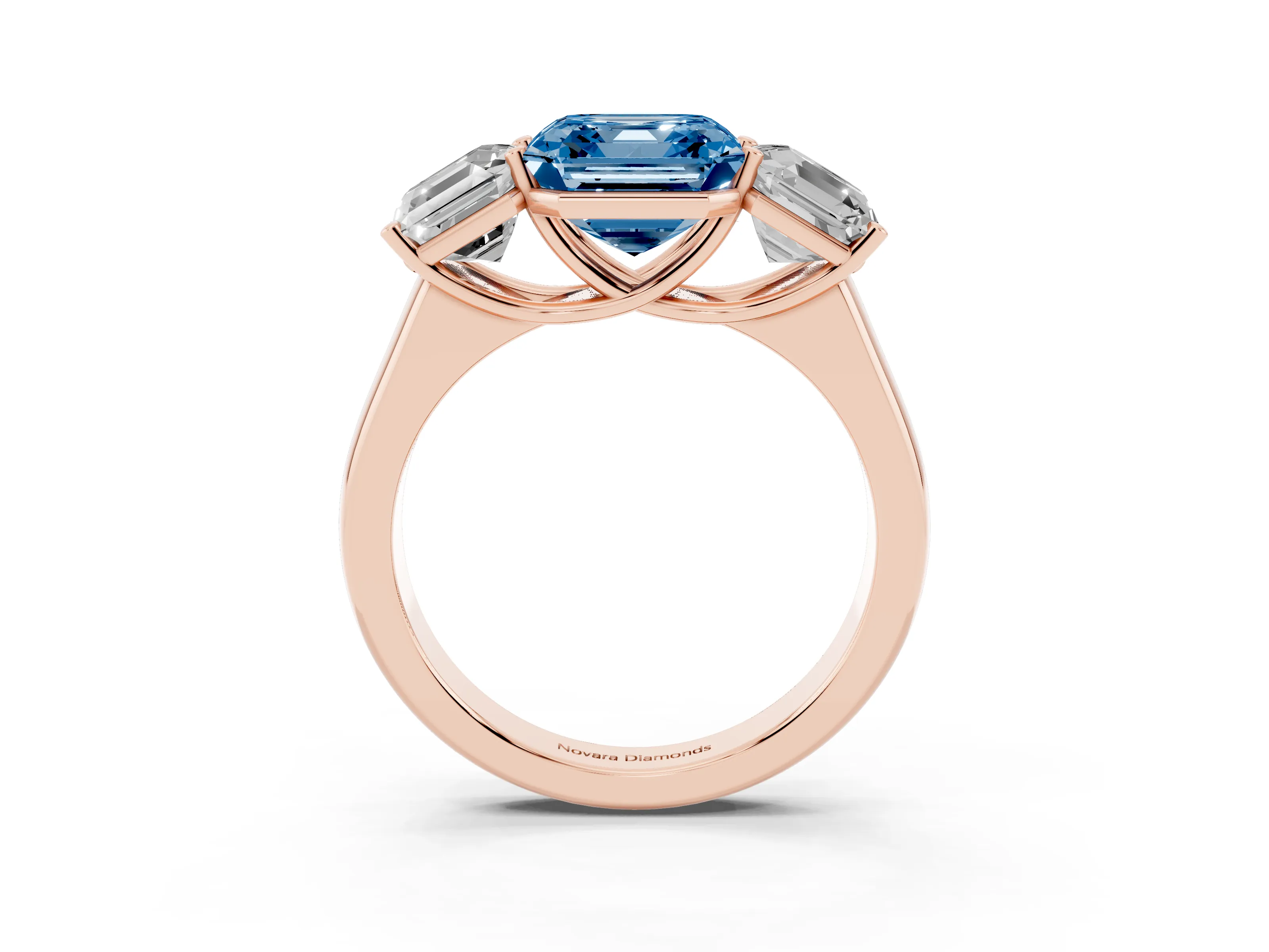 Fancy Blue Asscher Cut Diamond Three-Stone Ring Set in Rose gold with Plain Polished Band