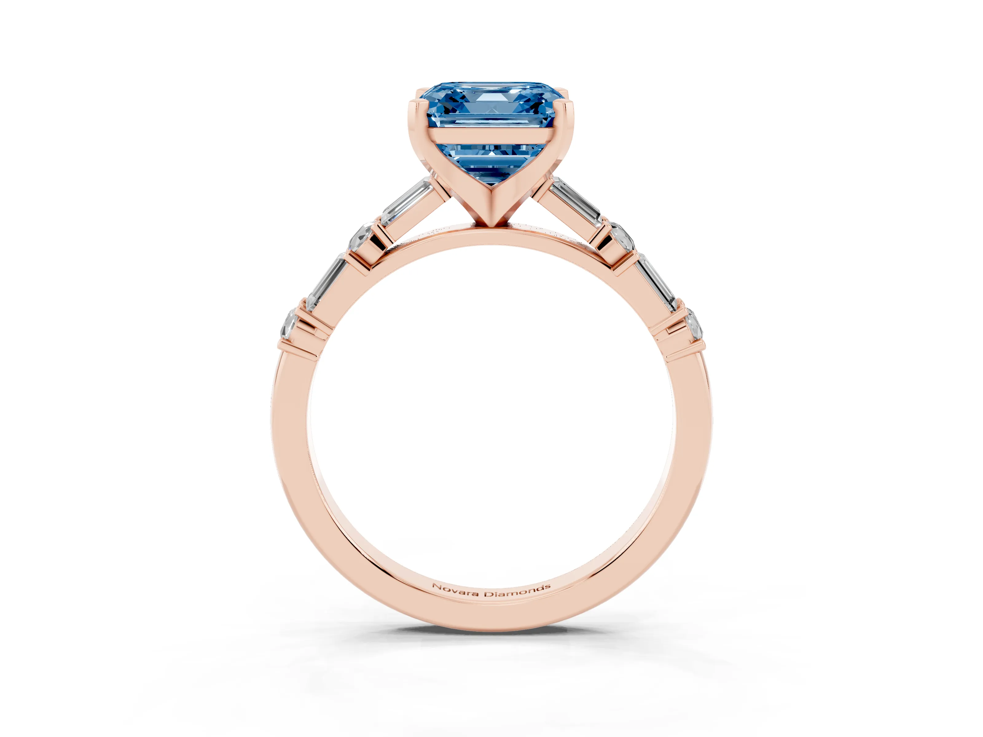 Fancy Blue Asscher Cut Diamond Solitaire Set in Rose gold with Side Baguettes and Channel Set Band