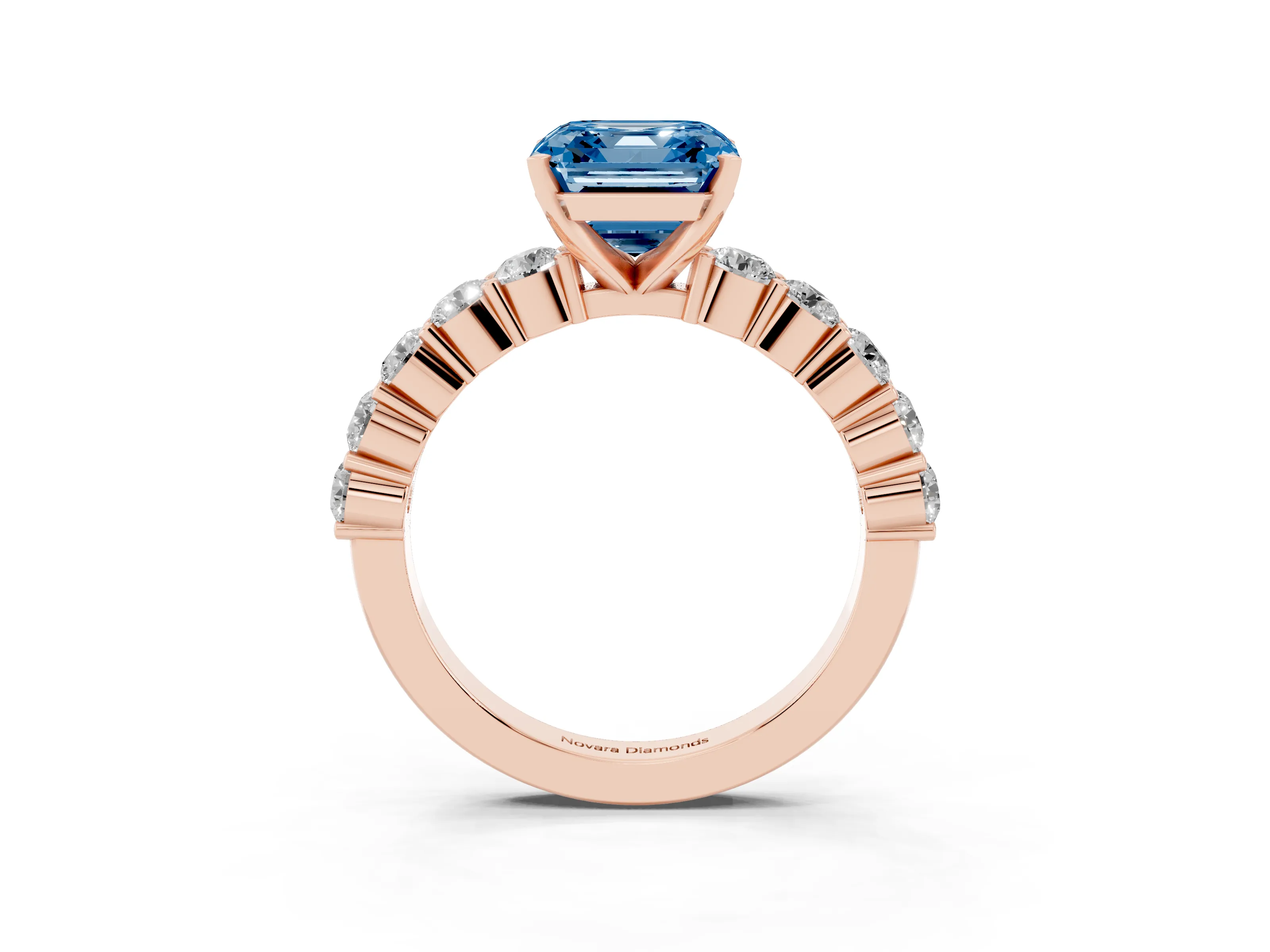 Fancy Blue Asscher Cut Diamond Solitaire Ring Set in Rose gold with Shared Prong Round Side Stones