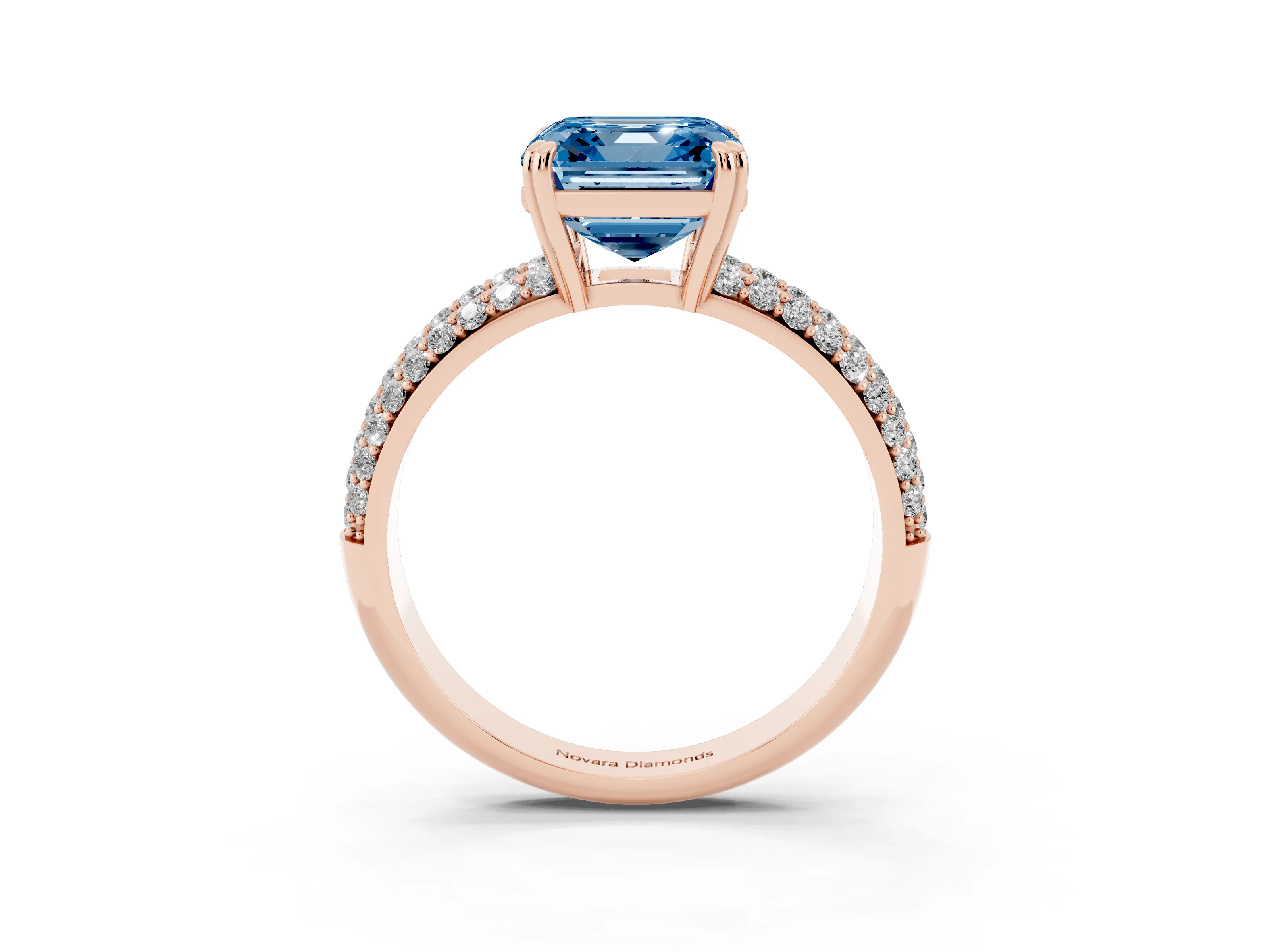 Fancy Blue Asscher Cut Diamond Solitaire Ring Set in Rose gold with Multi-Row Round Pavé Band and Prong Setting