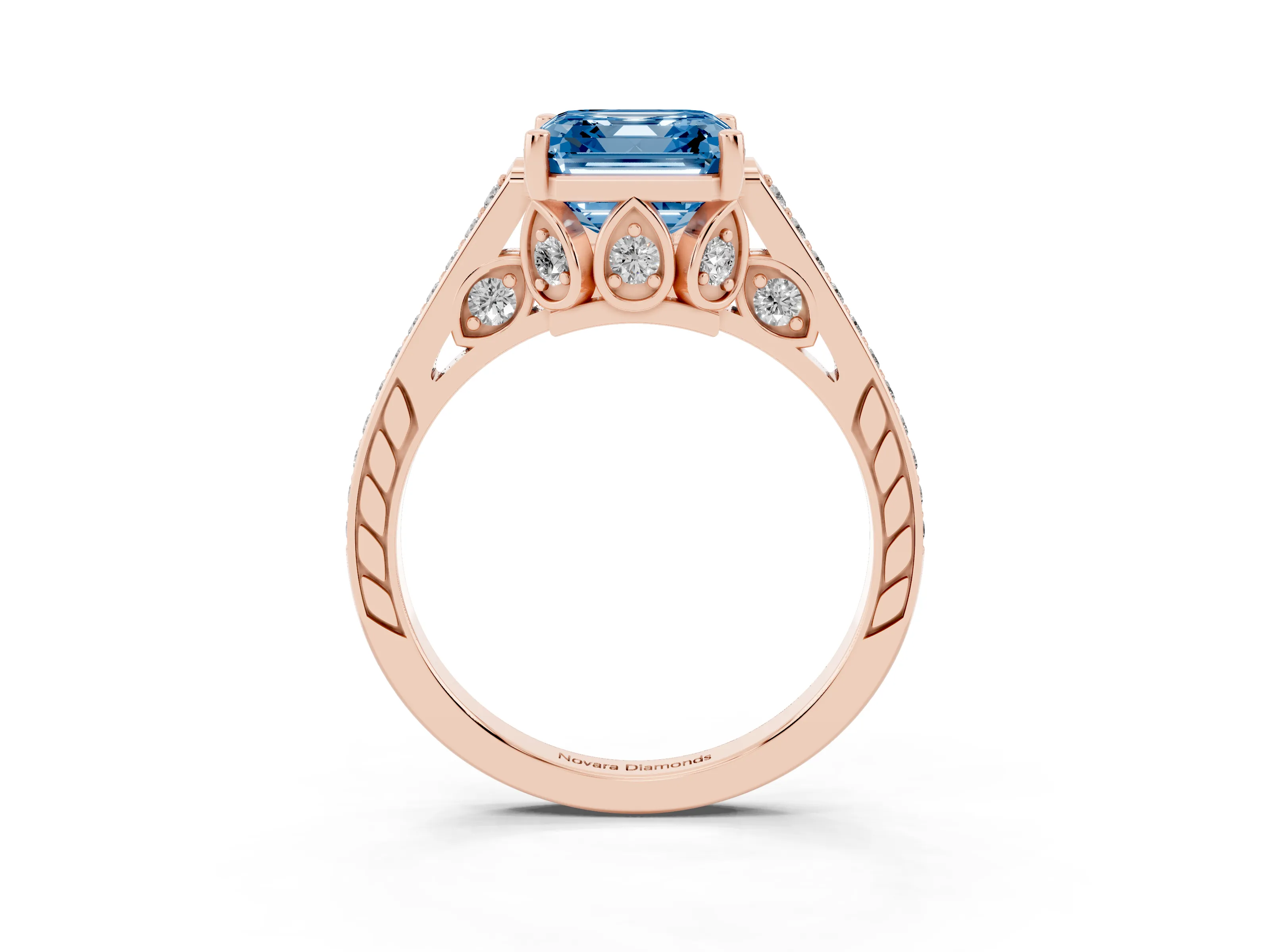 Fancy Blue Asscher Cut Diamond Cathedral Pavé Engagement Ring Set in Rose gold with Prong Setting
