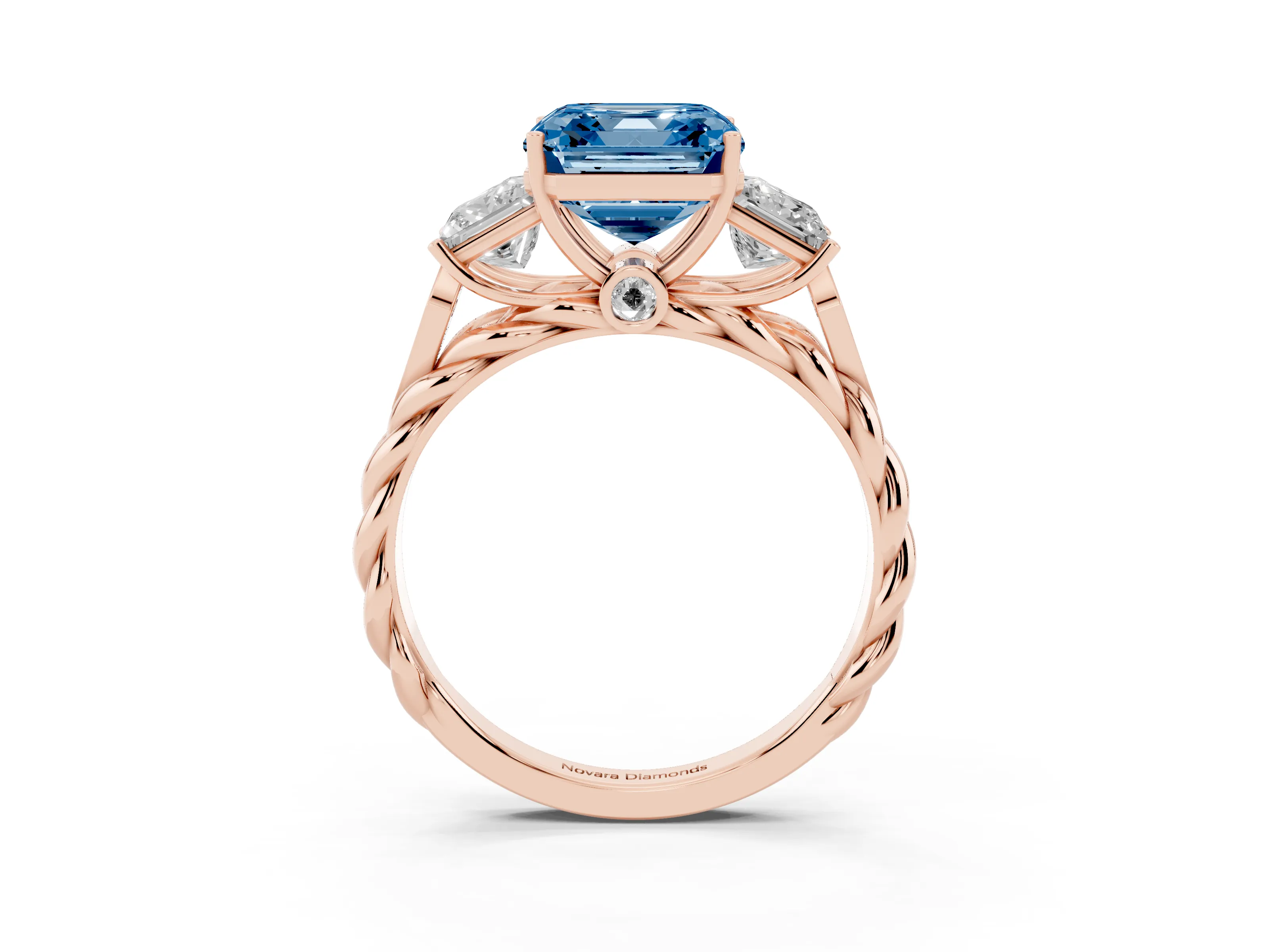 Fancy Blue Asscher Cut Diamond Three-Stone Ring Set in Rose gold with Braided Band