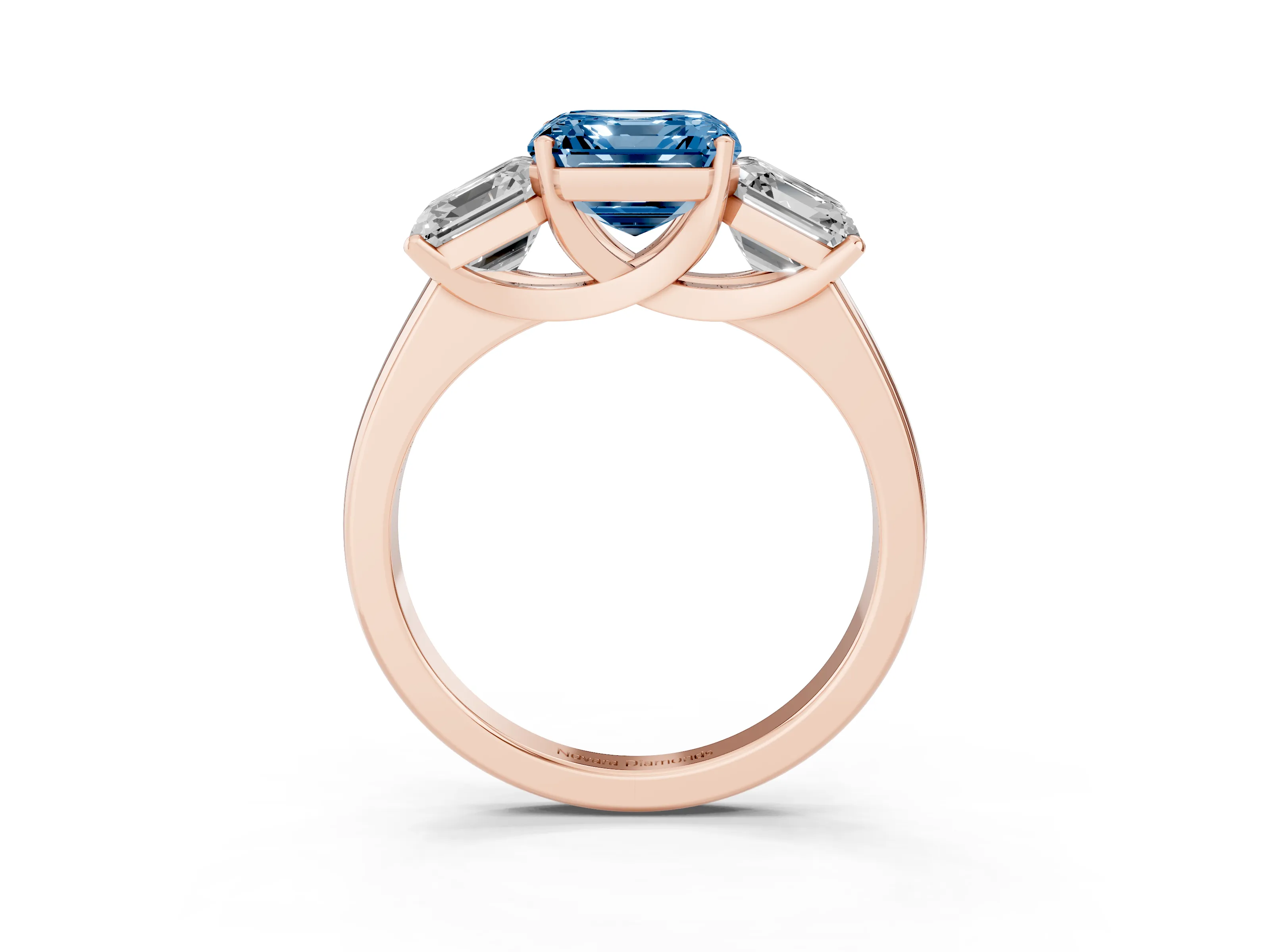 Fancy Blue Asscher Cut Diamond Three-Stone Ring Set in Rose gold with Classic Prong Setting and Plain Band
