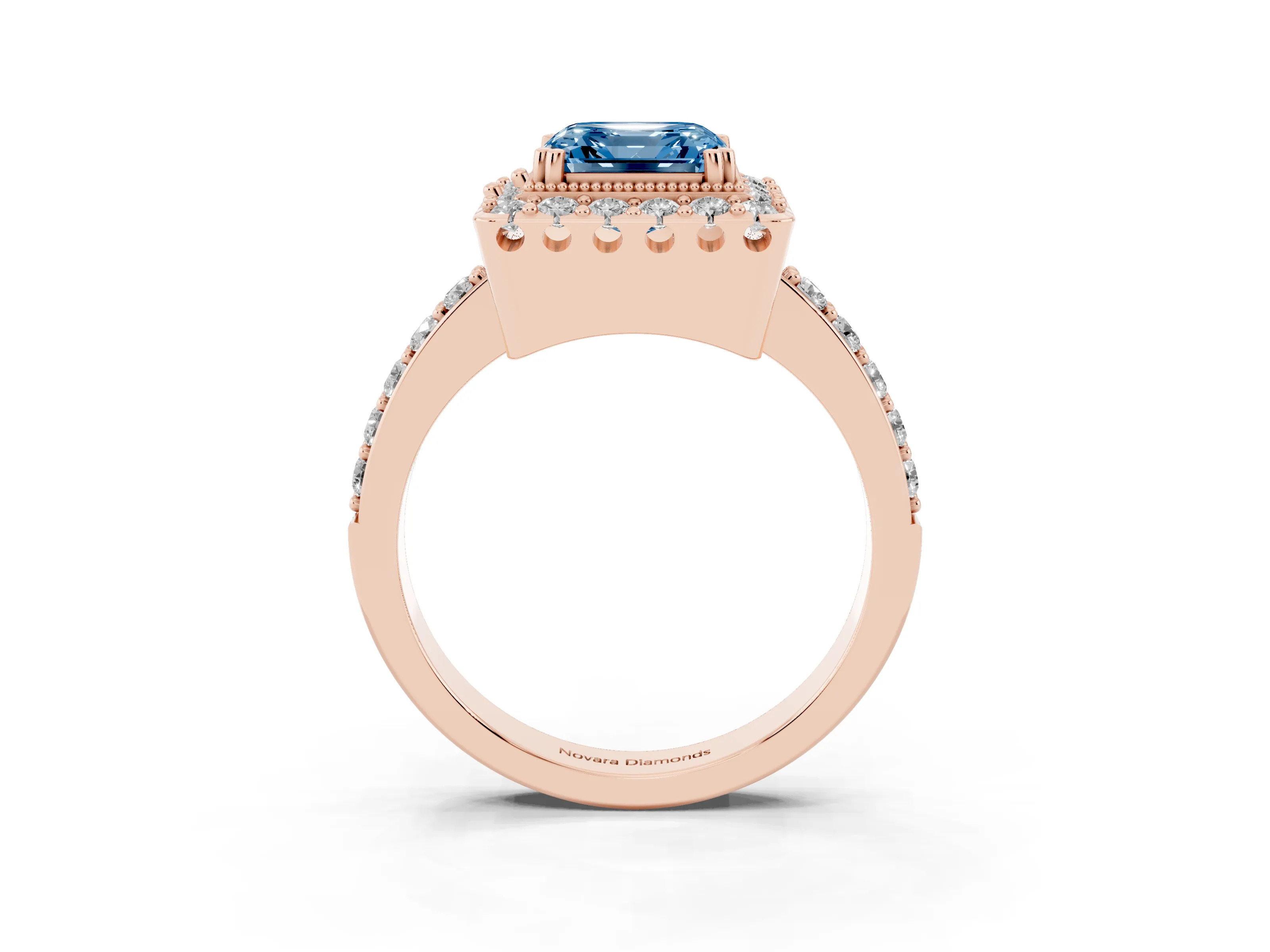 Fancy Blue Asscher Cut Diamond Halo Ring Set in Rose gold with Pavé Shank and Prong Setting