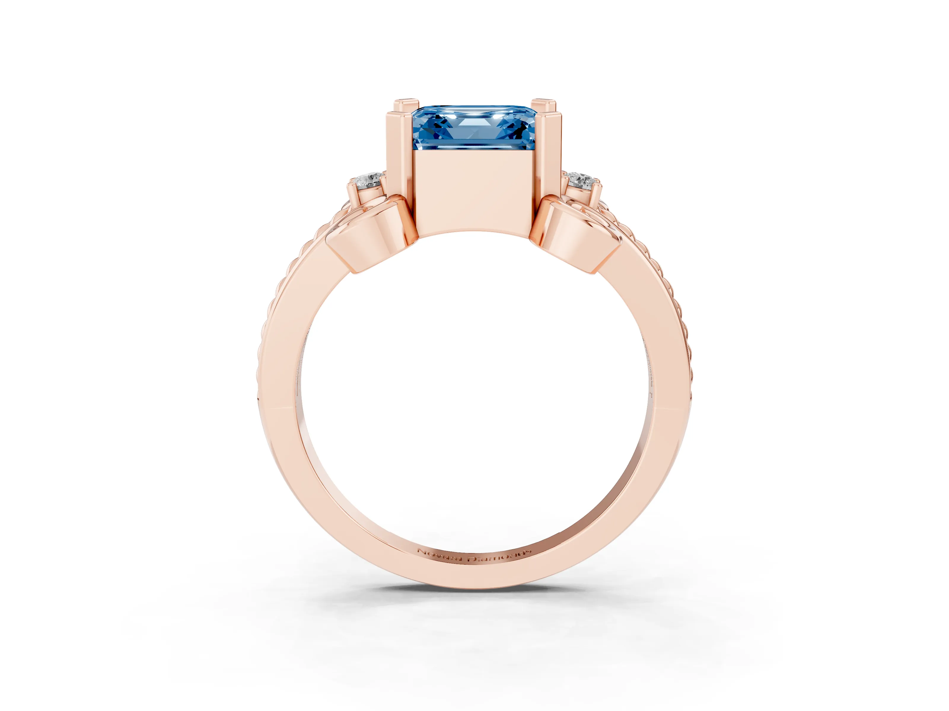 Fancy Blue Asscher Cut Diamond Twisted Band Solitaire Ring Set in Rose gold with Scroll Prongs