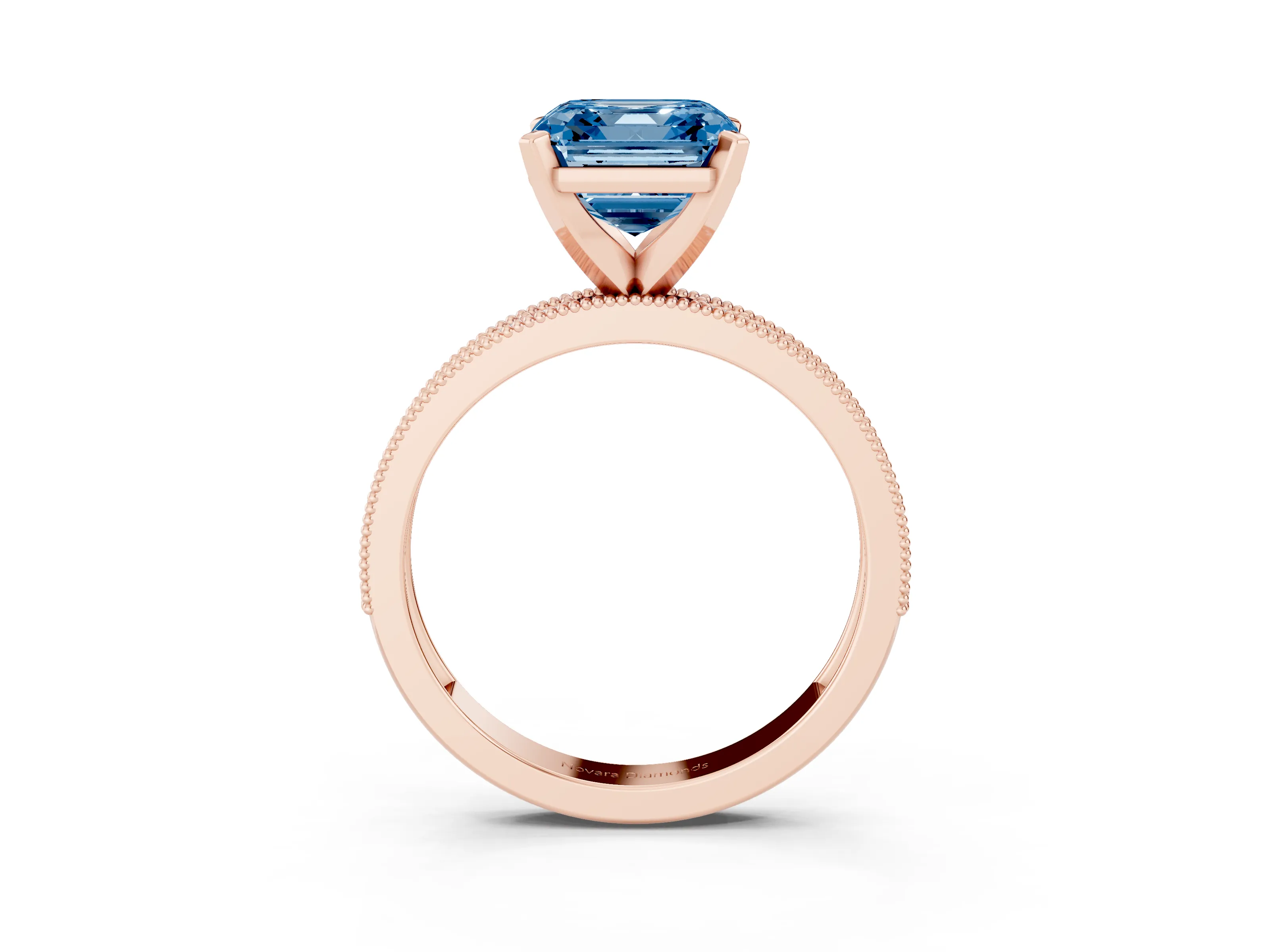 Fancy Blue Asscher Cut Diamond Milgrain Pavé Engagement Ring Set in Rose gold with Prong Setting
