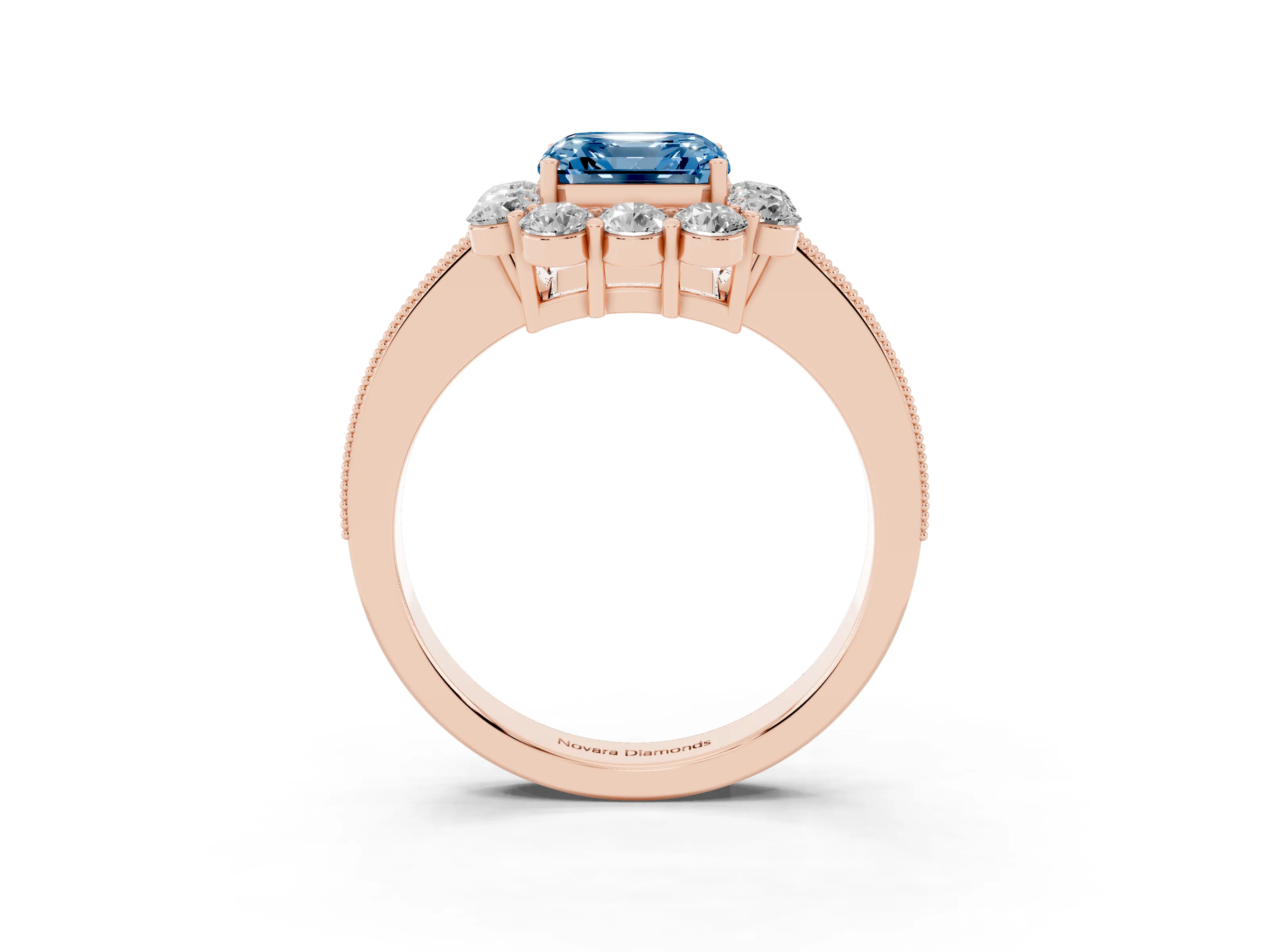 Fancy Blue Asscher Cut Diamond Halo Pavé Engagement Ring Set in Rose gold with Milgrain Detailing
