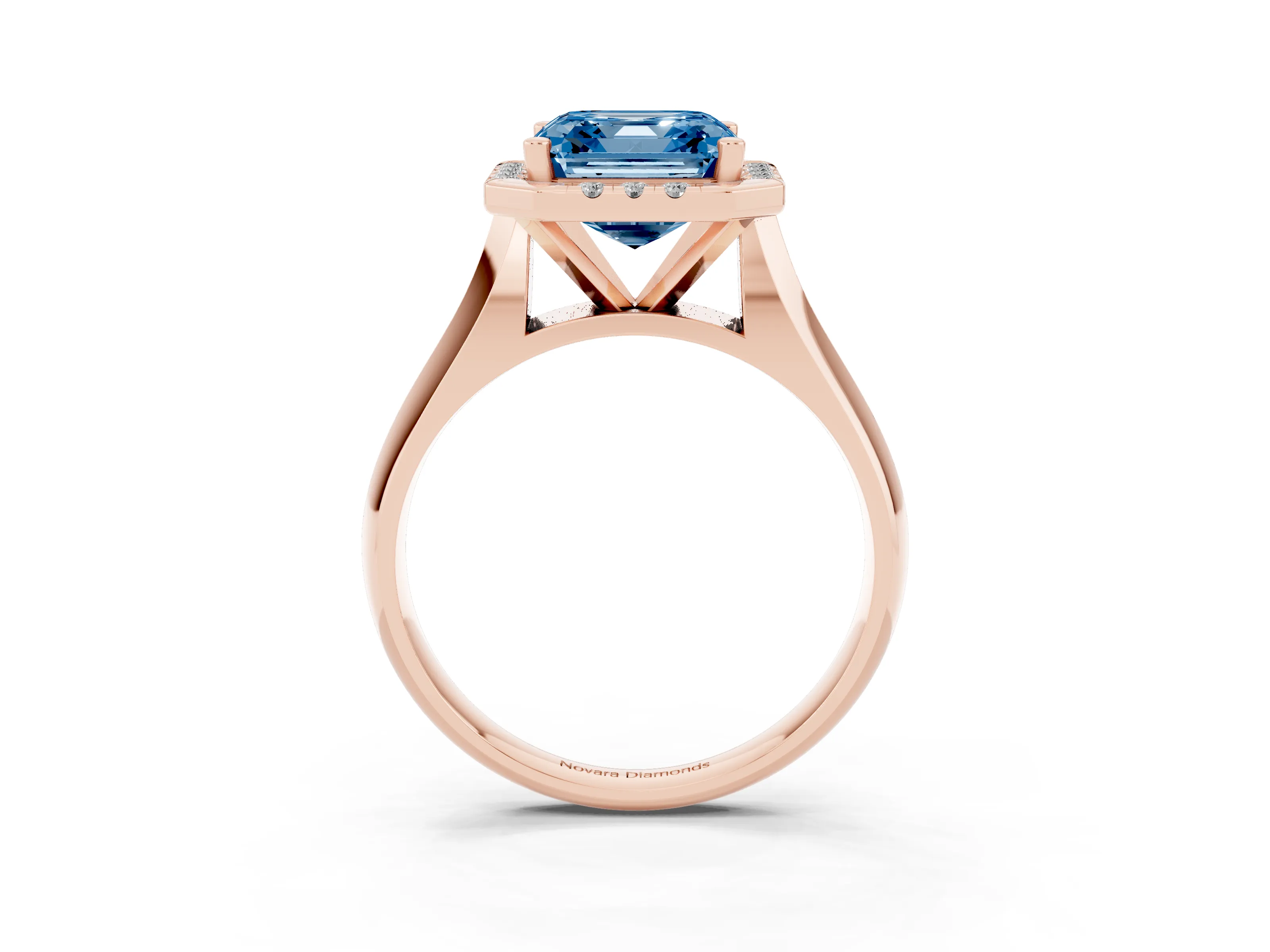 Fancy Blue Asscher Cut Diamond Halo Solitaire Engagement Ring Set in Rose gold with Square Band and Prong Setting