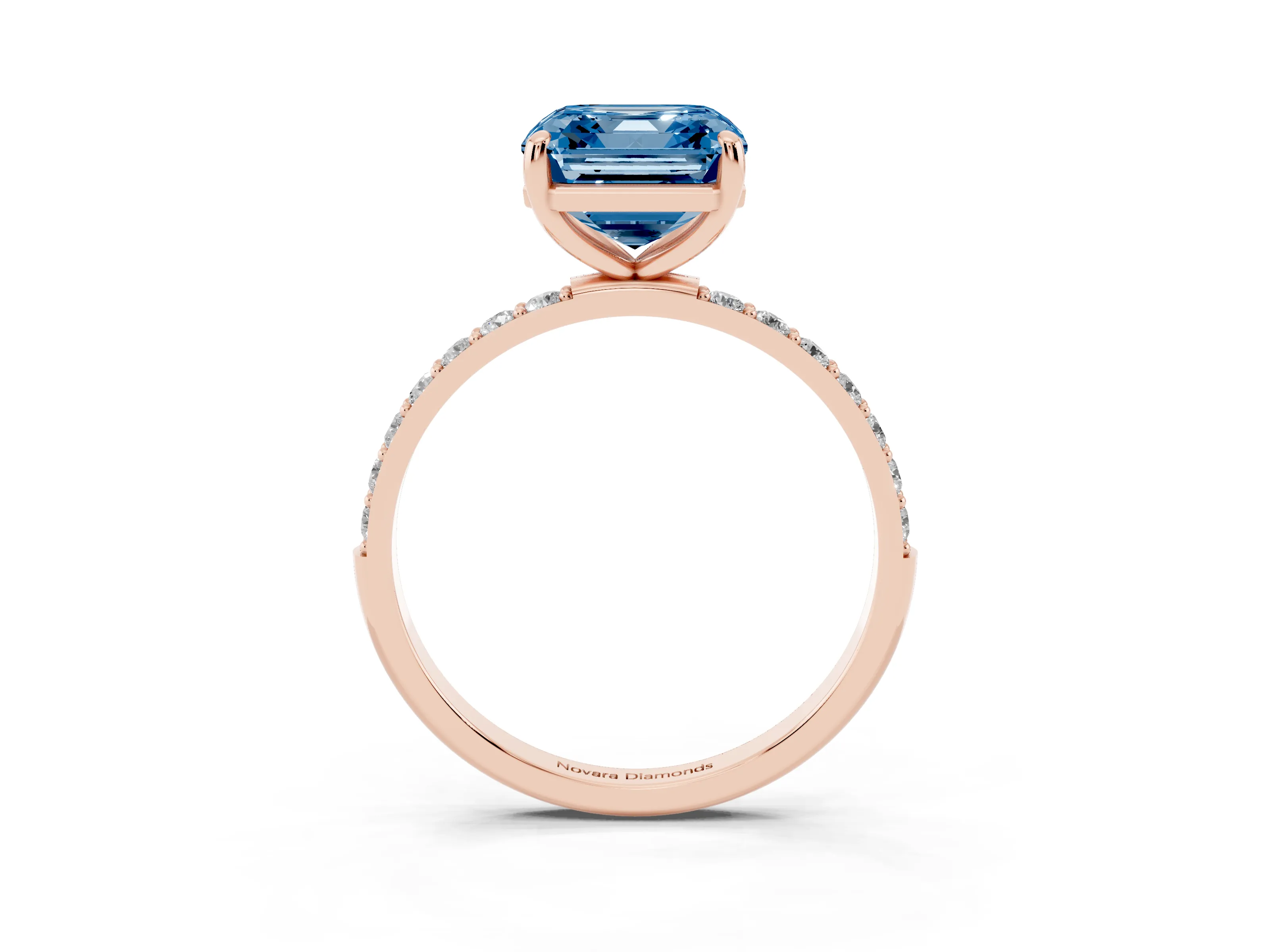 Fancy Blue Asscher Cut Diamond Solitaire Ring Set in Rose gold with Round Pavé Band and Prong Setting