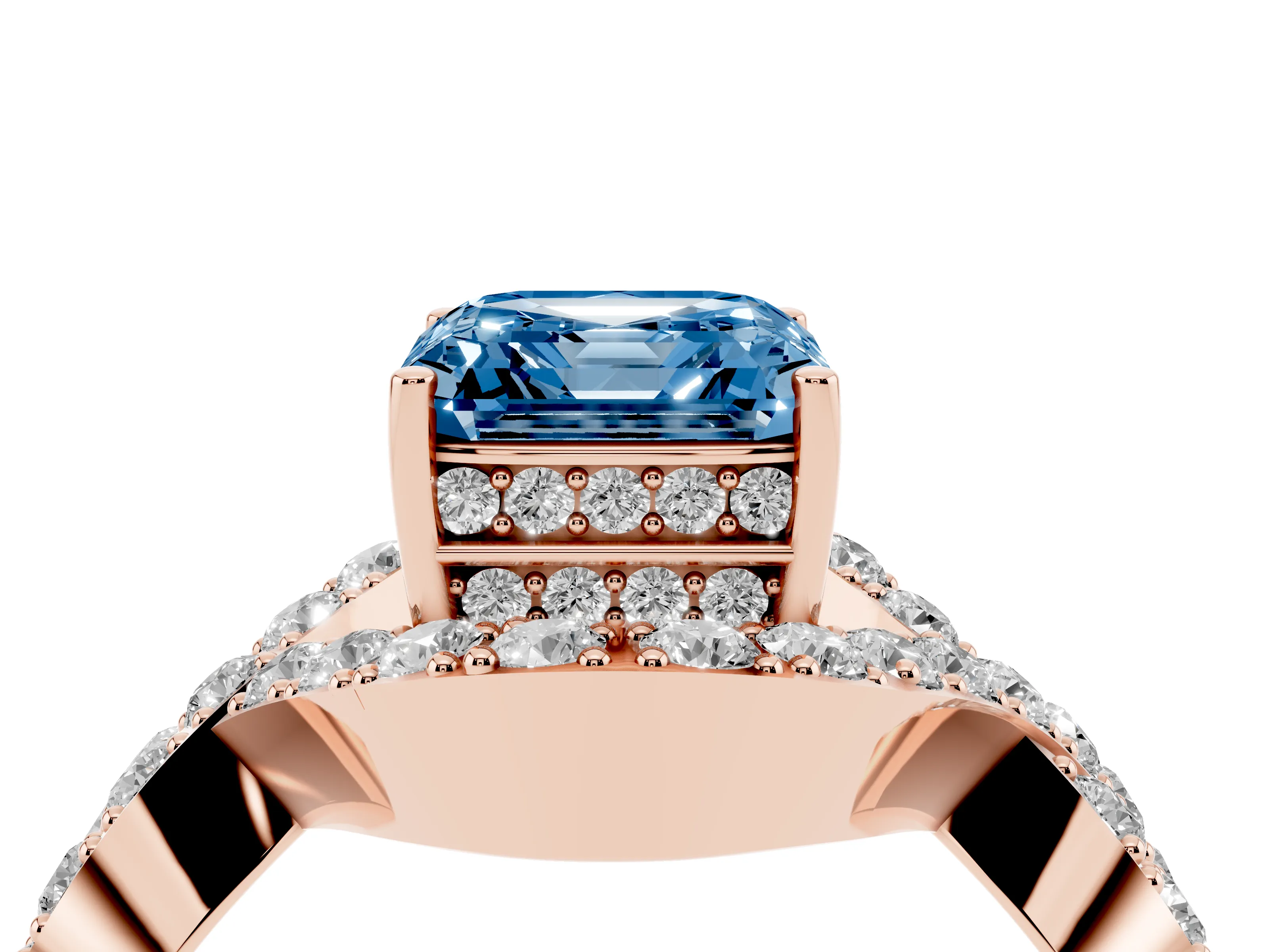 Fancy Blue Asscher Cut Diamond Solitaire Twist Band Pavé Engagement Ring Set in Rose gold