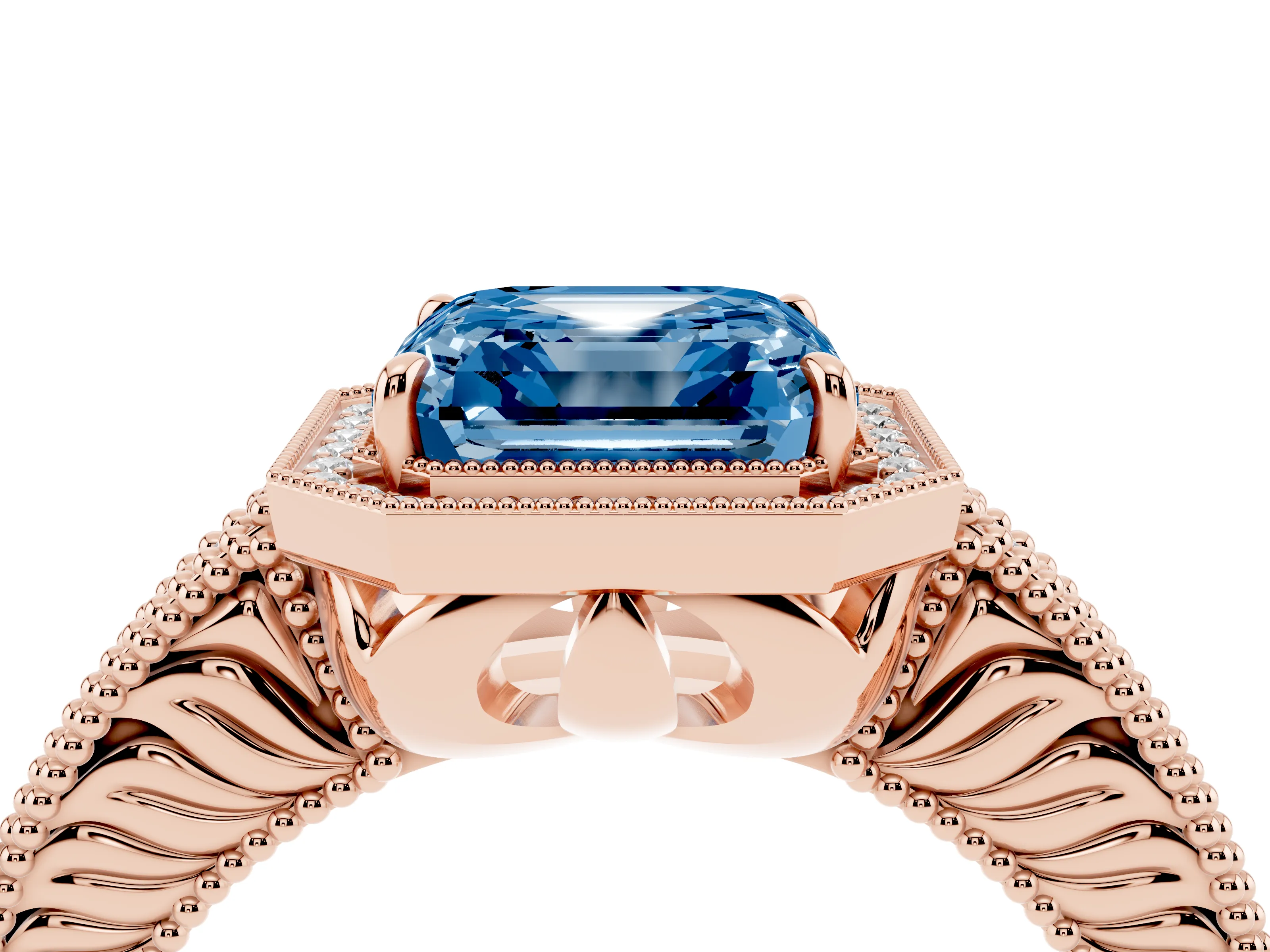 Fancy Blue Asscher Cut Diamond Halo Ring Set in Rose gold with Round Accent Halo, Pavé Band and Prong Setting