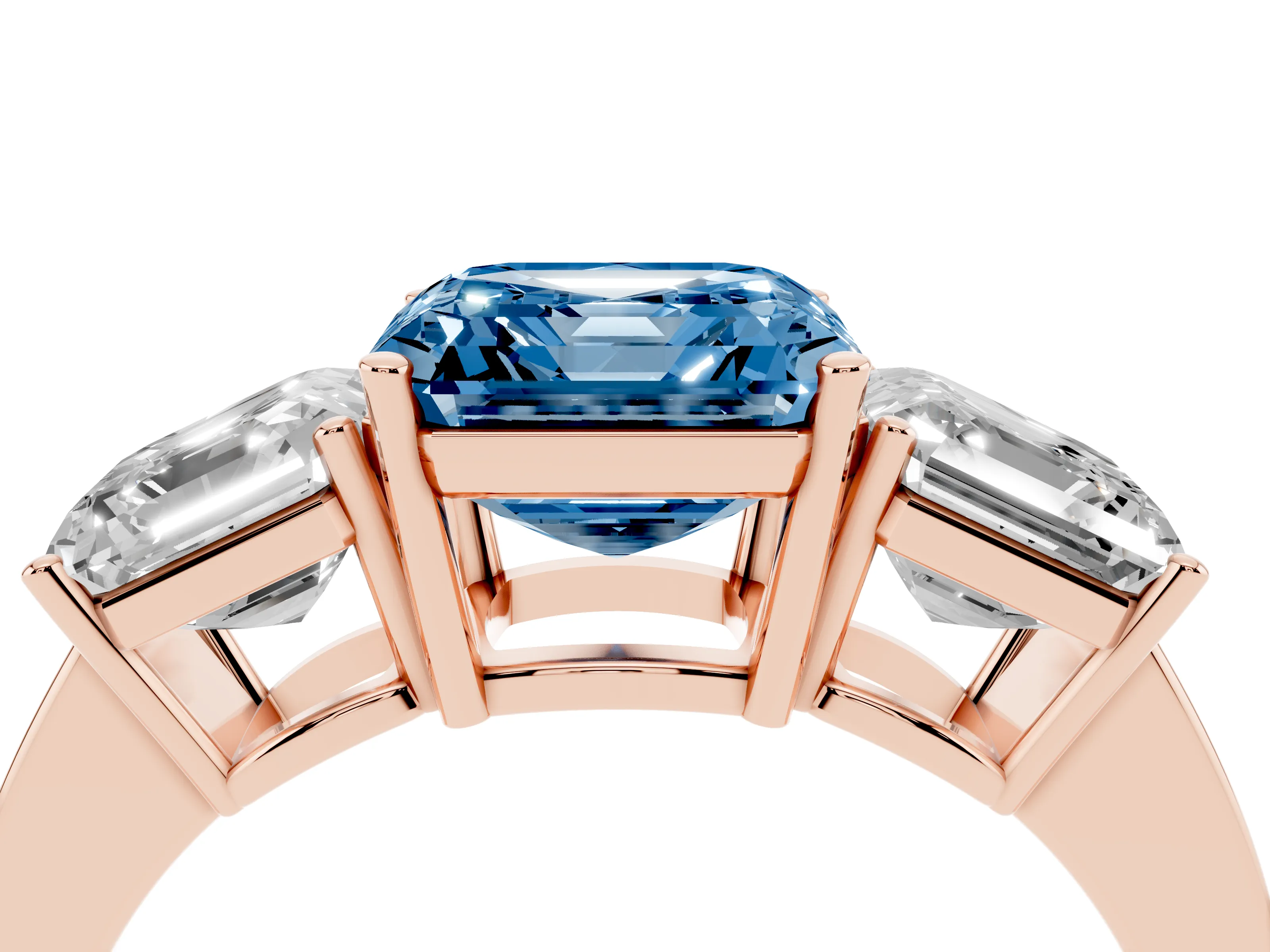 Fancy Blue Asscher Cut Diamond Three-Stone Engagement Ring Set in Rose gold with Flat Band