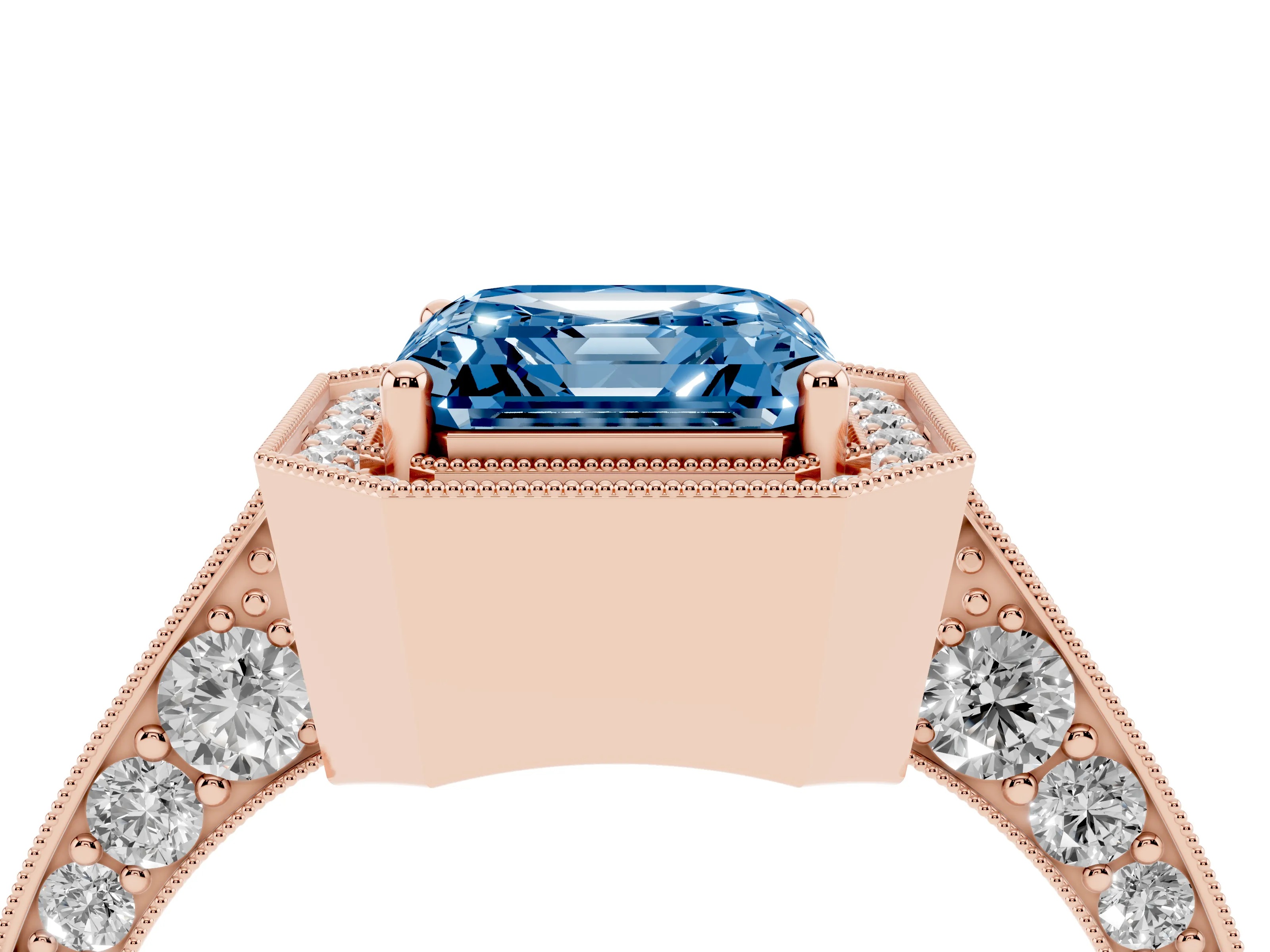 Fancy Blue Asscher Cut Diamond Halo Engagement Ring Set in Rose gold with Accent Split Shank Band