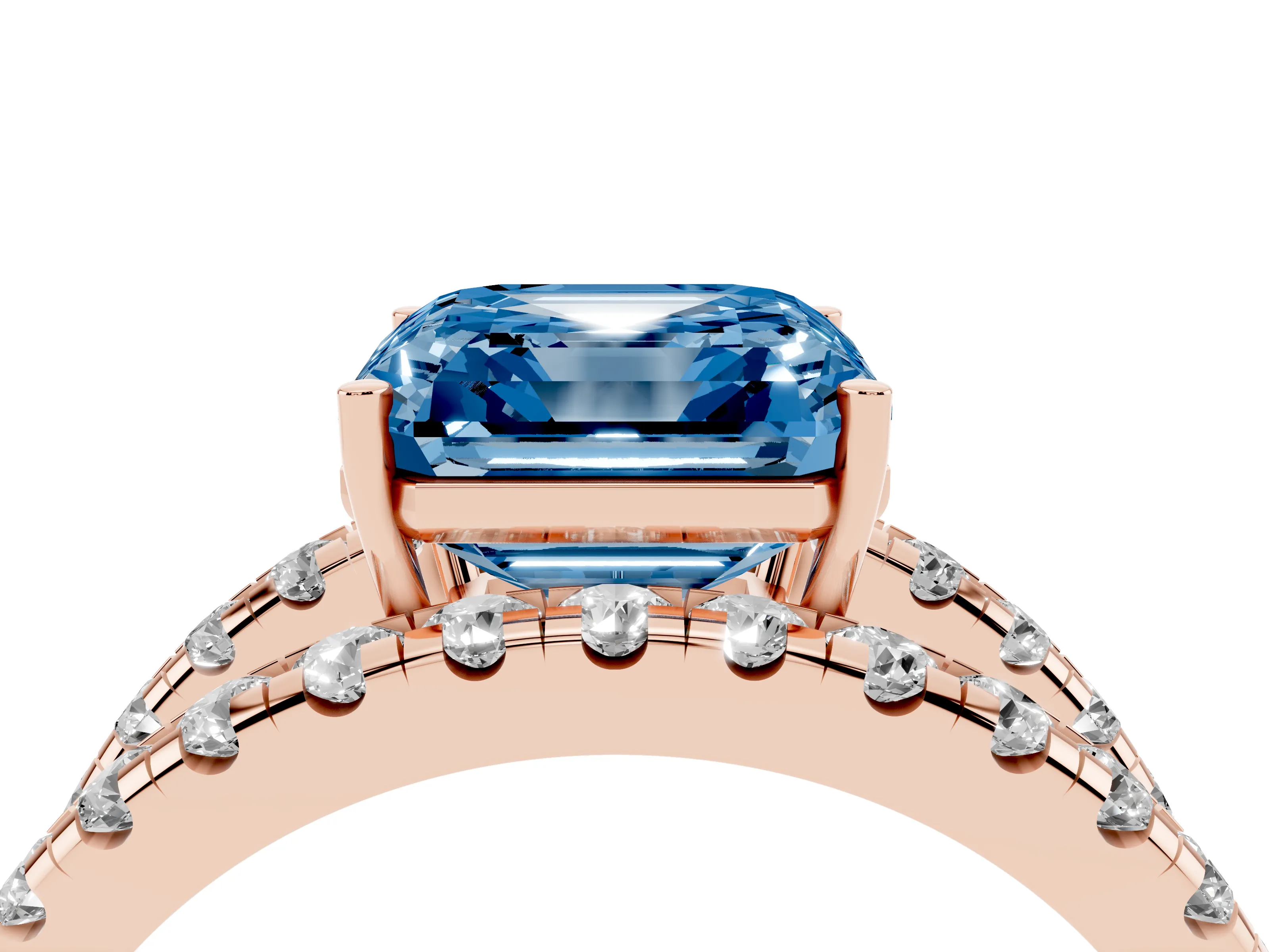 Fancy Blue Asscher Cut Diamond Split Shank Pavé Solitaire Ring Set in Rose gold with Open Shank Design