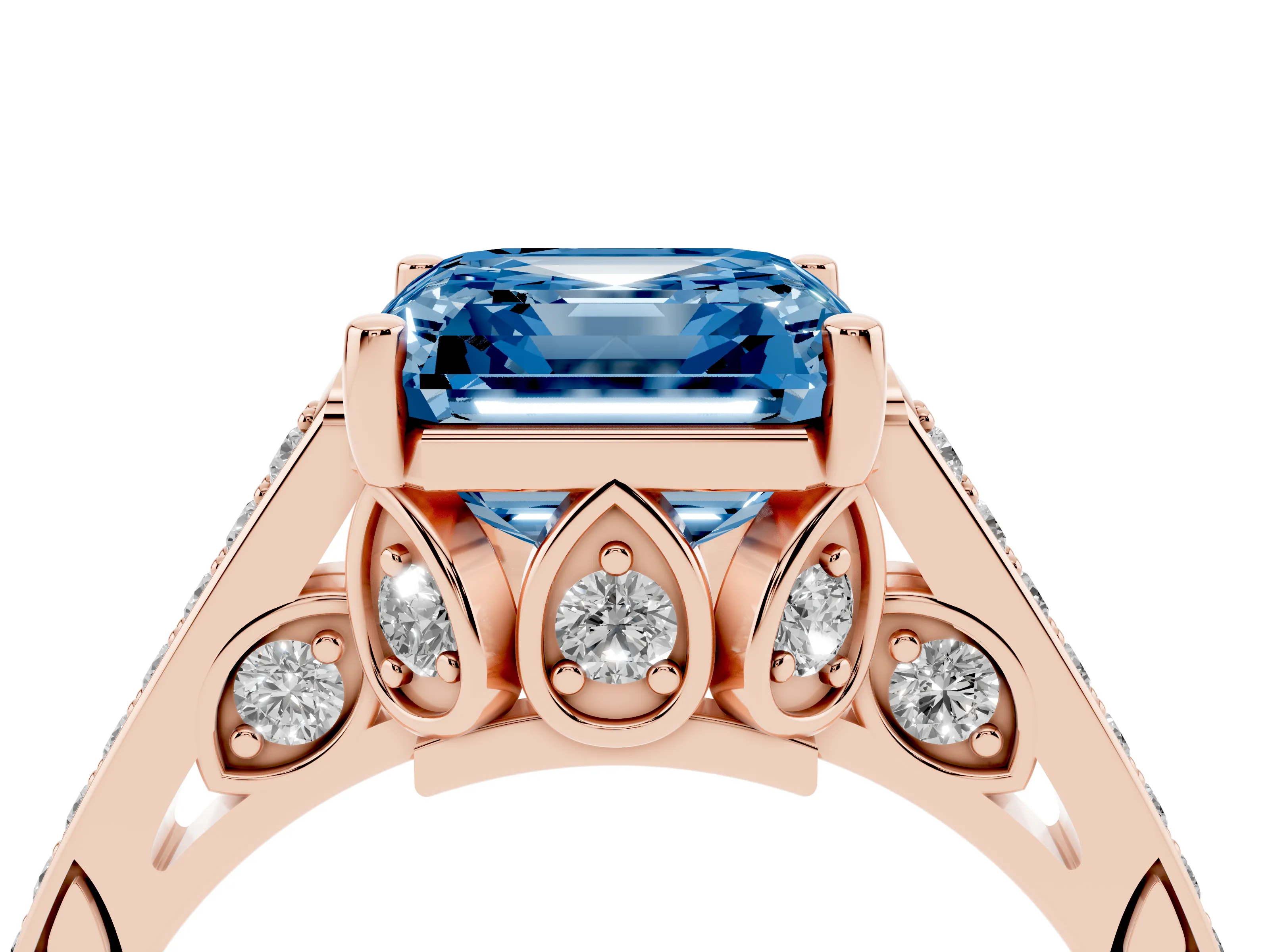 Fancy Blue Asscher Cut Diamond Cathedral Pavé Engagement Ring Set in Rose gold with Prong Setting