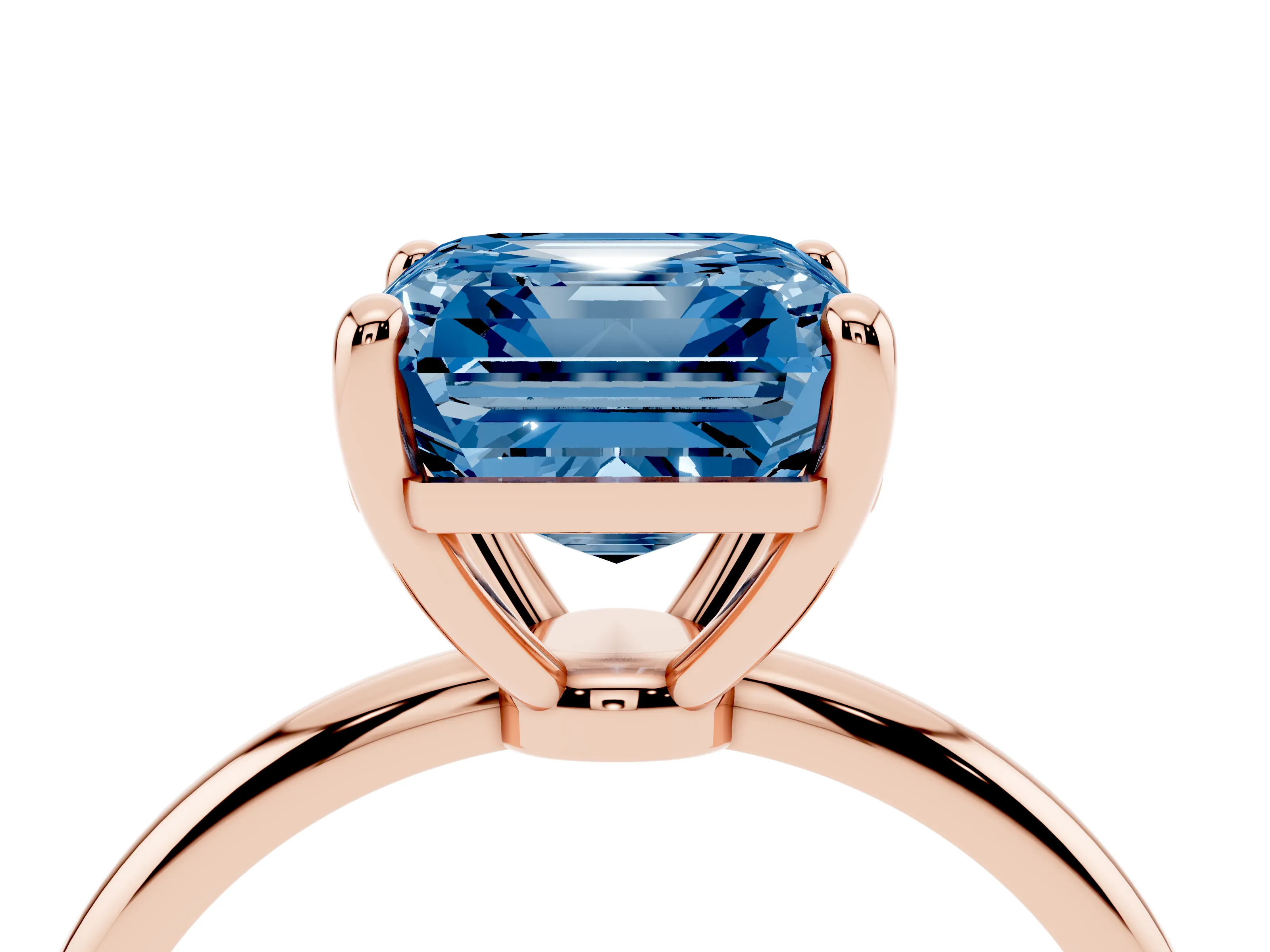 Fancy Blue Asscher Cut Diamond Solitaire Ring Set in Rose gold with Secure Prong Setting on a Classic Band