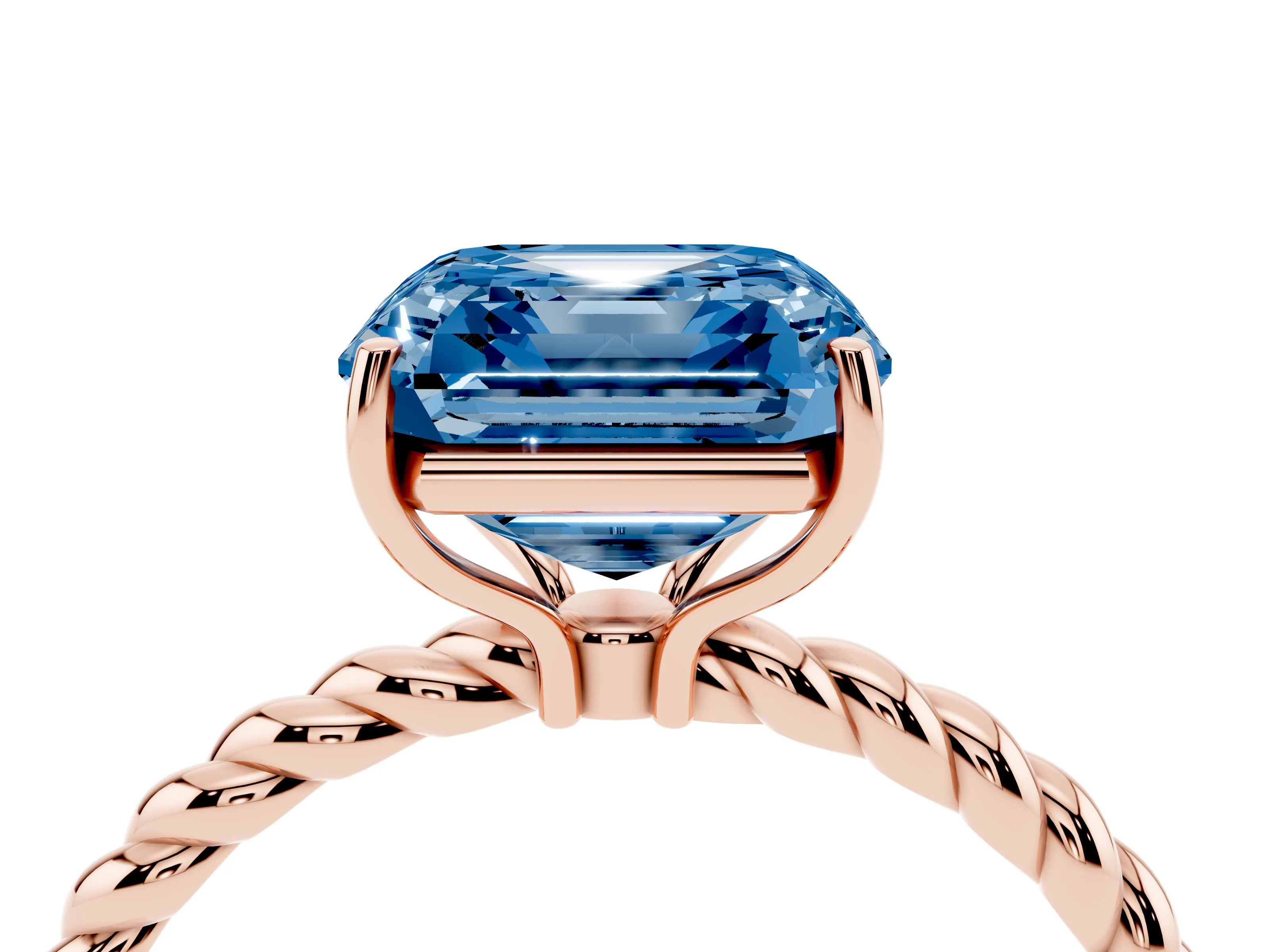 Fancy Blue Asscher Cut Diamond Solitaire Ring Set in Rose gold with Twist Band and Prong Setting