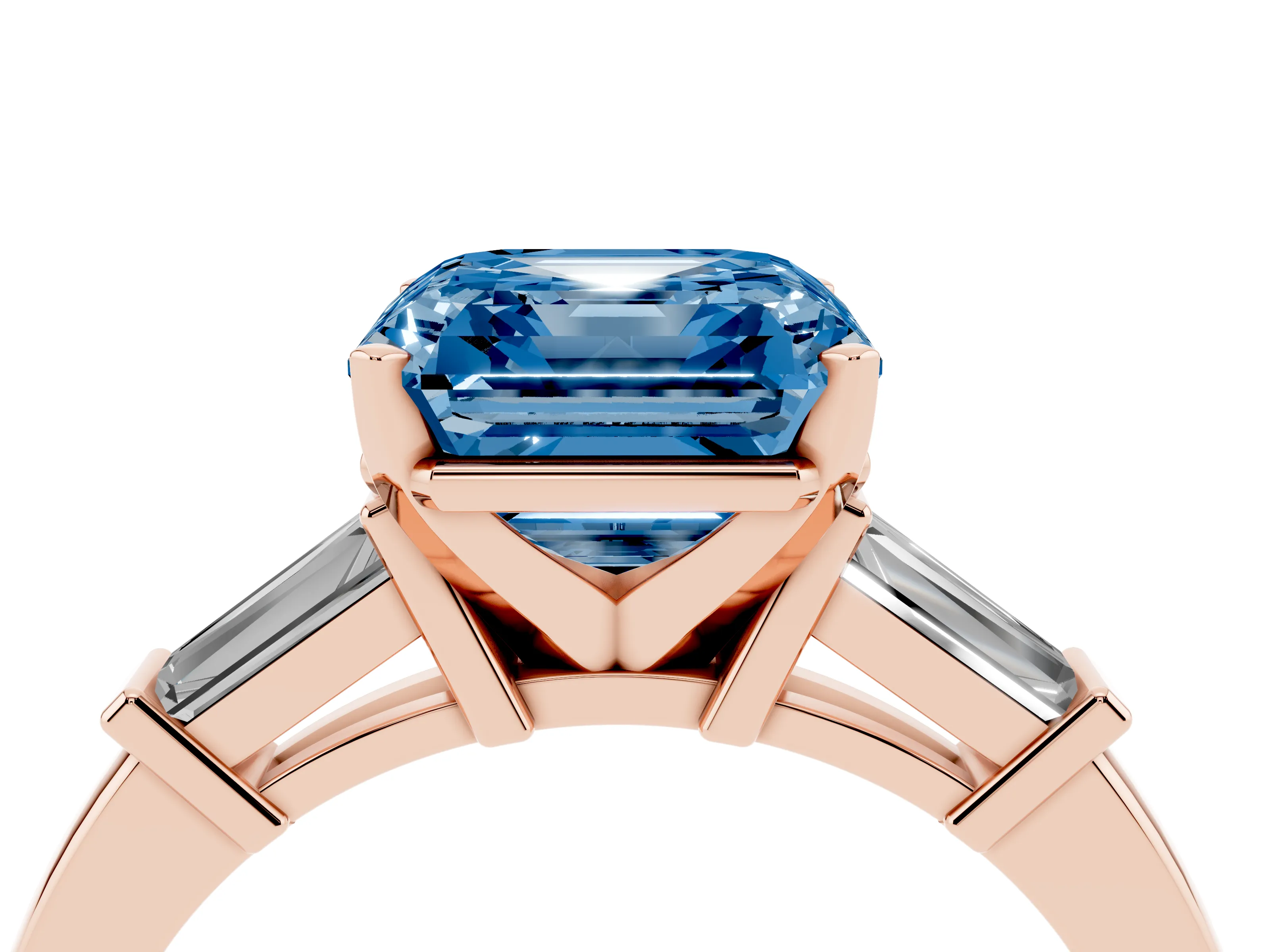 Fancy Blue Asscher Cut Diamond Solitaire Ring Set in Rose gold with Tapered Baguette Accents and Prong Setting