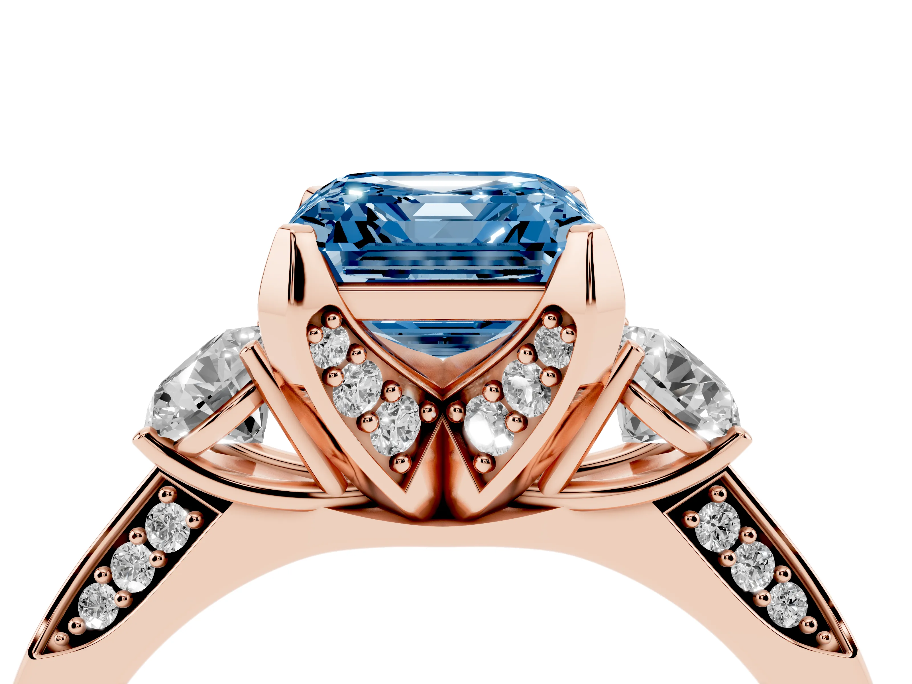 Fancy Blue Asscher Cut Diamond Three-Stone Ring Set in Rose gold with Pavé Band and Smaller Side Stones