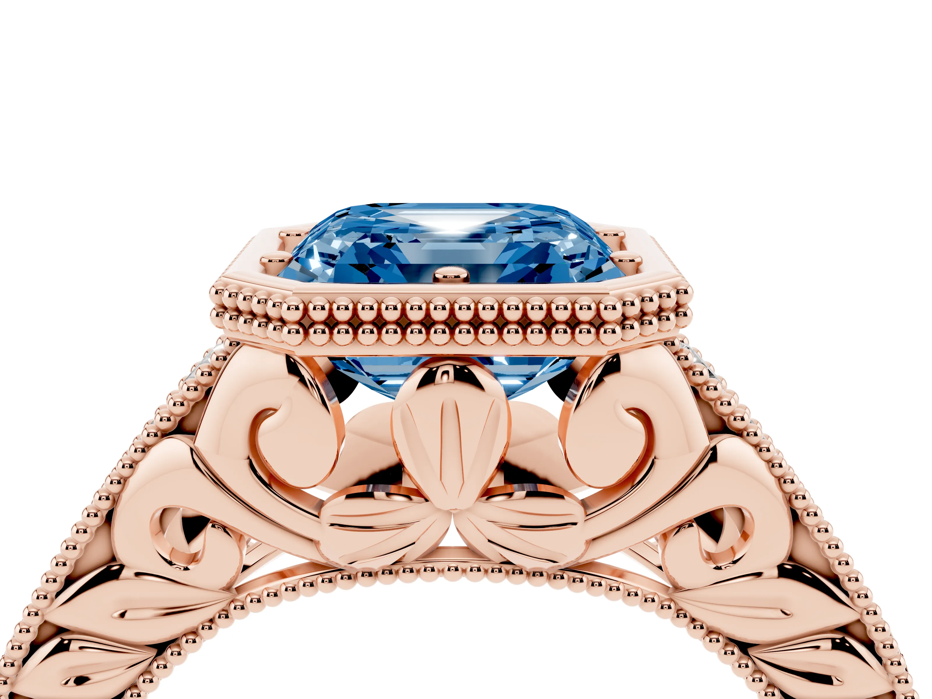 Fancy Blue Bezel Set Asscher Cut Diamond Milgrain Pavé Engagement Ring Set in Rose gold