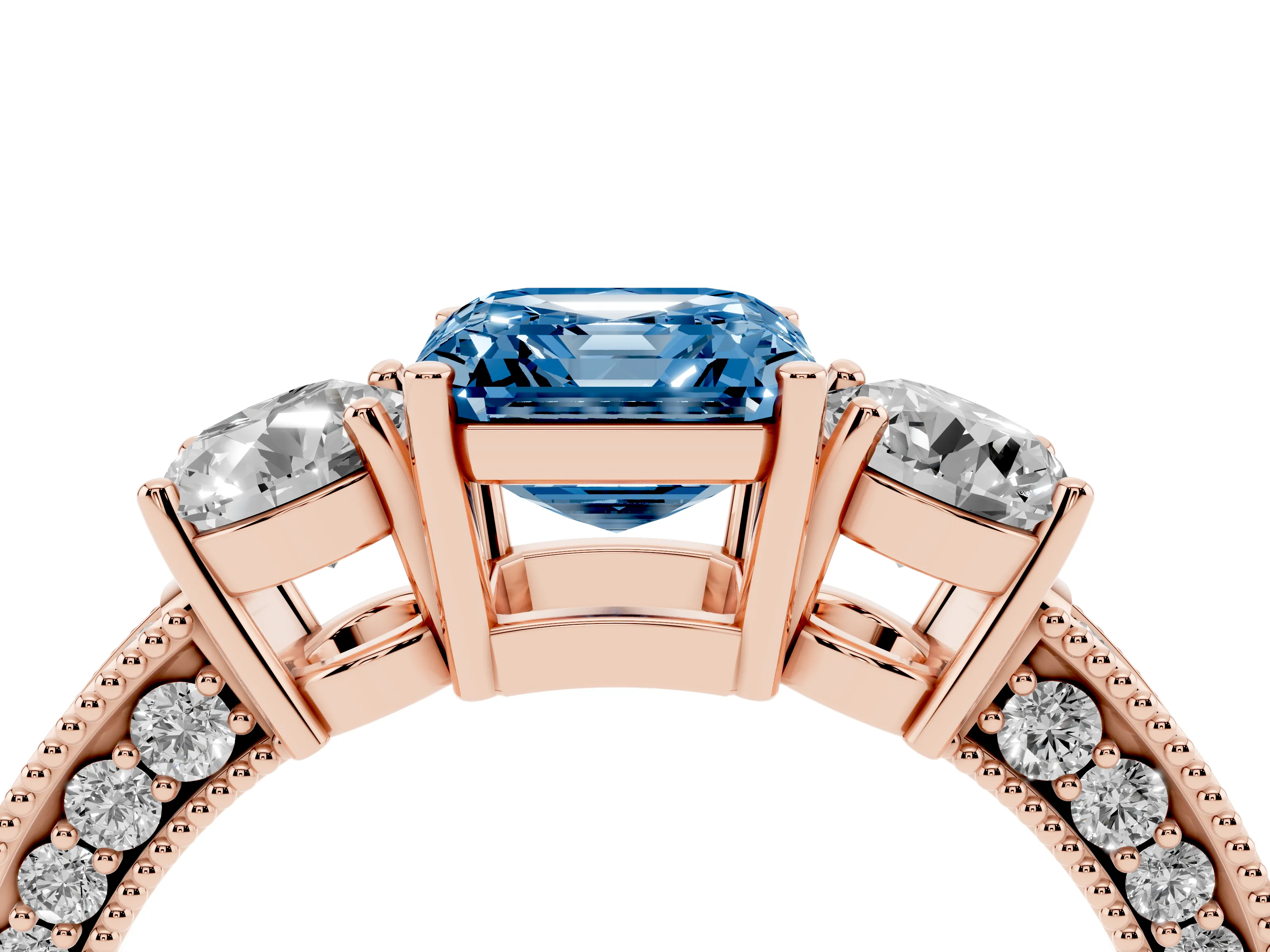 Fancy Blue Asscher Cut Diamond Three-Stone Ring Set in Rose gold with Round Side Stones and Pavé Band