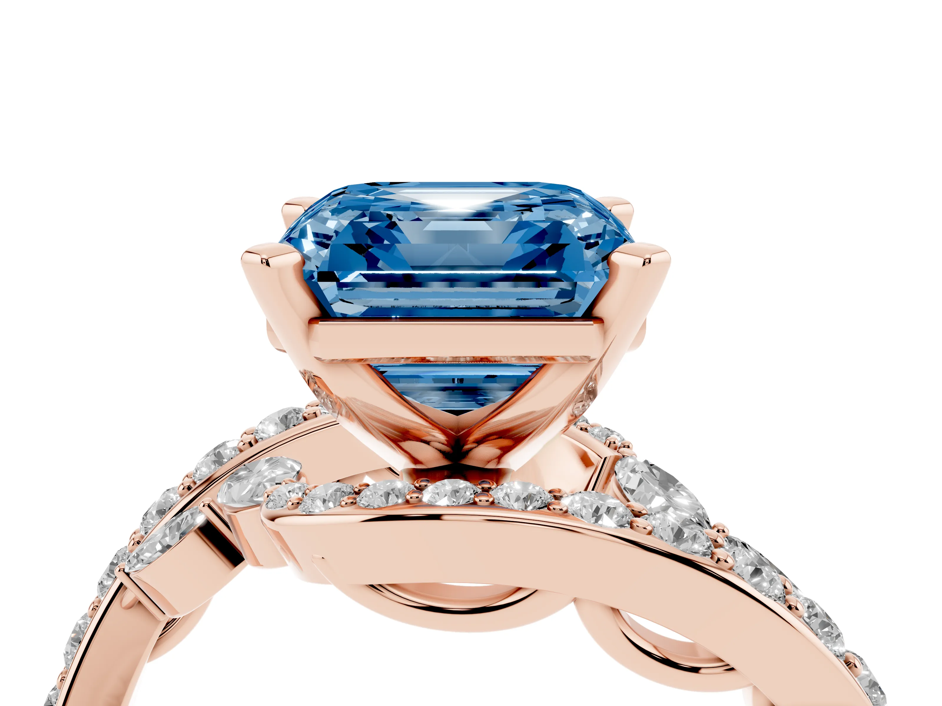 Fancy Blue Asscher Cut Diamond Solitaire Ring Set in Rose gold with Pavé Twist Band and Secure Prong Setting