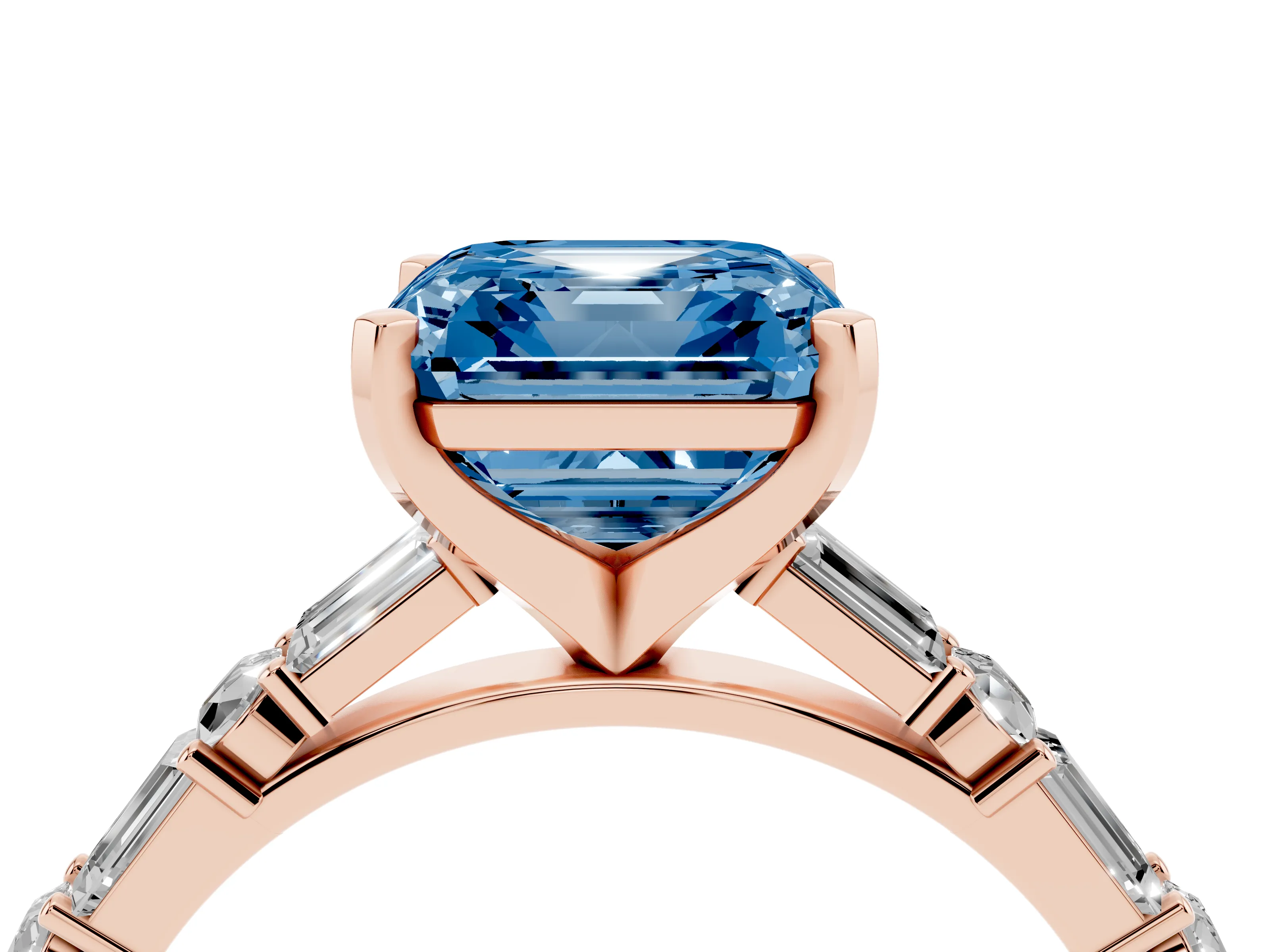Fancy Blue Asscher Cut Diamond Solitaire Set in Rose gold with Side Baguettes and Channel Set Band