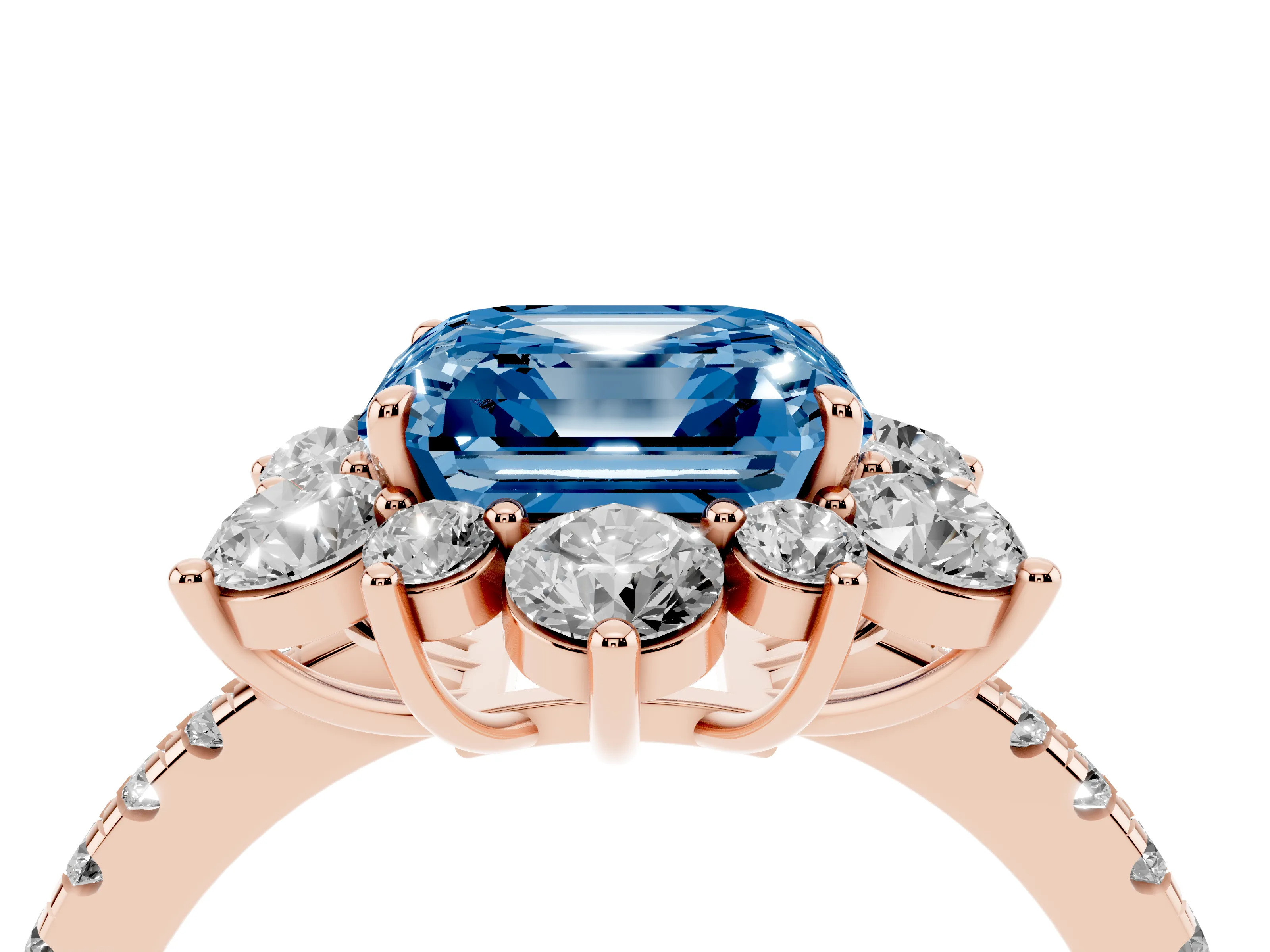 Fancy Blue Asscher Cut Diamond Floral Halo Ring Set in Rose gold with Round Pavé Band and Prong Setting