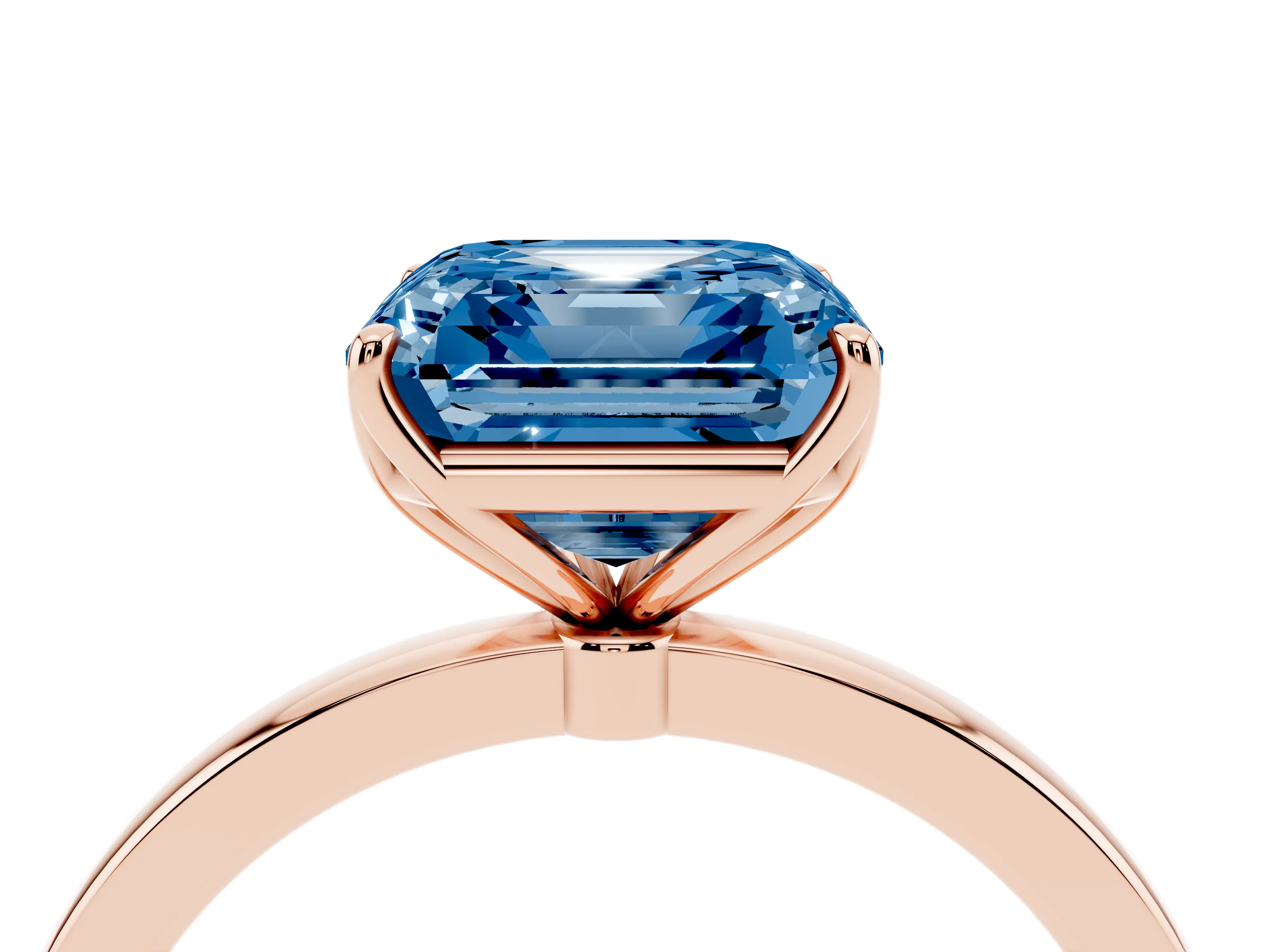 Fancy Blue Asscher Cut Diamond Solitaire Ring Set in Rose gold with Prong Setting and Thin Polished Band