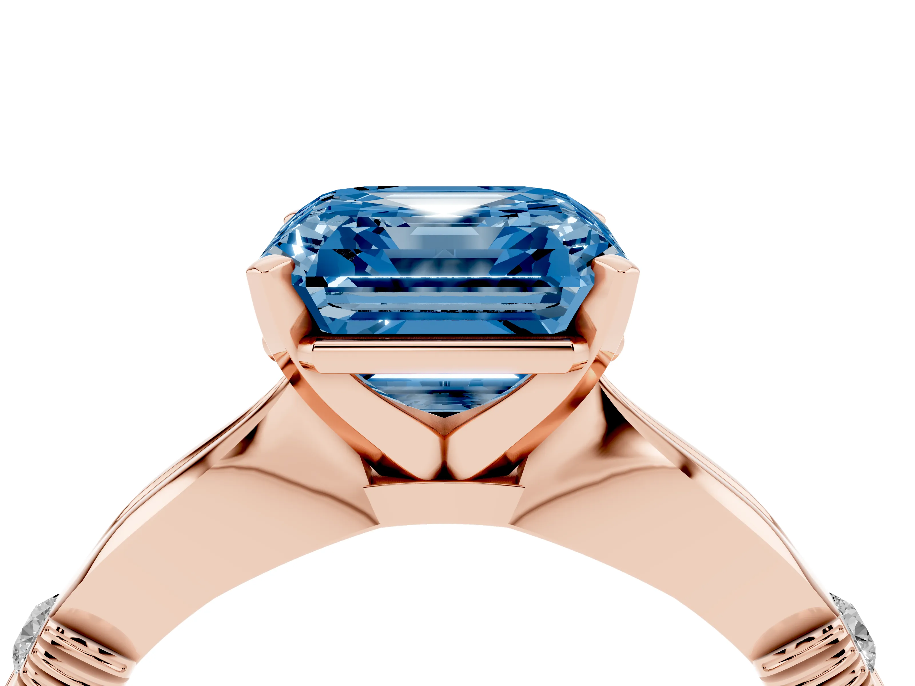 Fancy Blue Asscher Cut Diamond Solitaire Twisted Band Ring Set in Rose gold with Accent Stones and Prong Setting