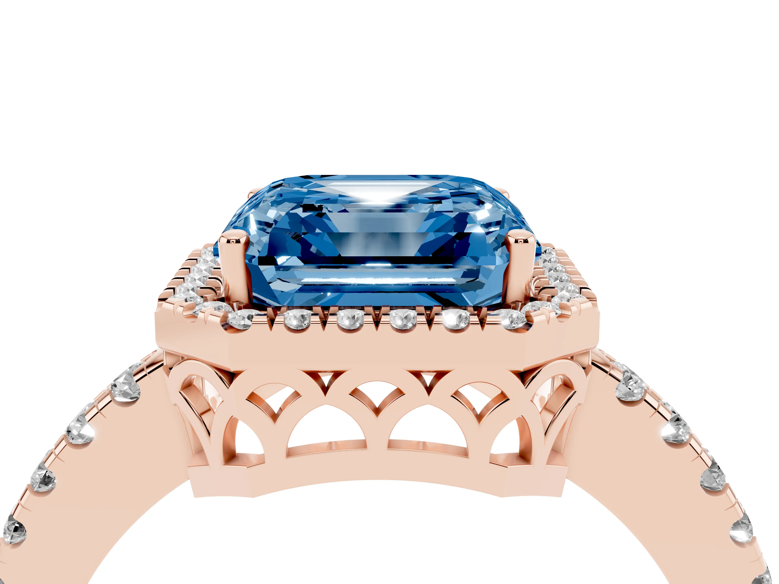 Fancy Blue Asscher Cut Diamond Pavé Band Halo Engagement Ring Set in Rose gold with Prong Setting