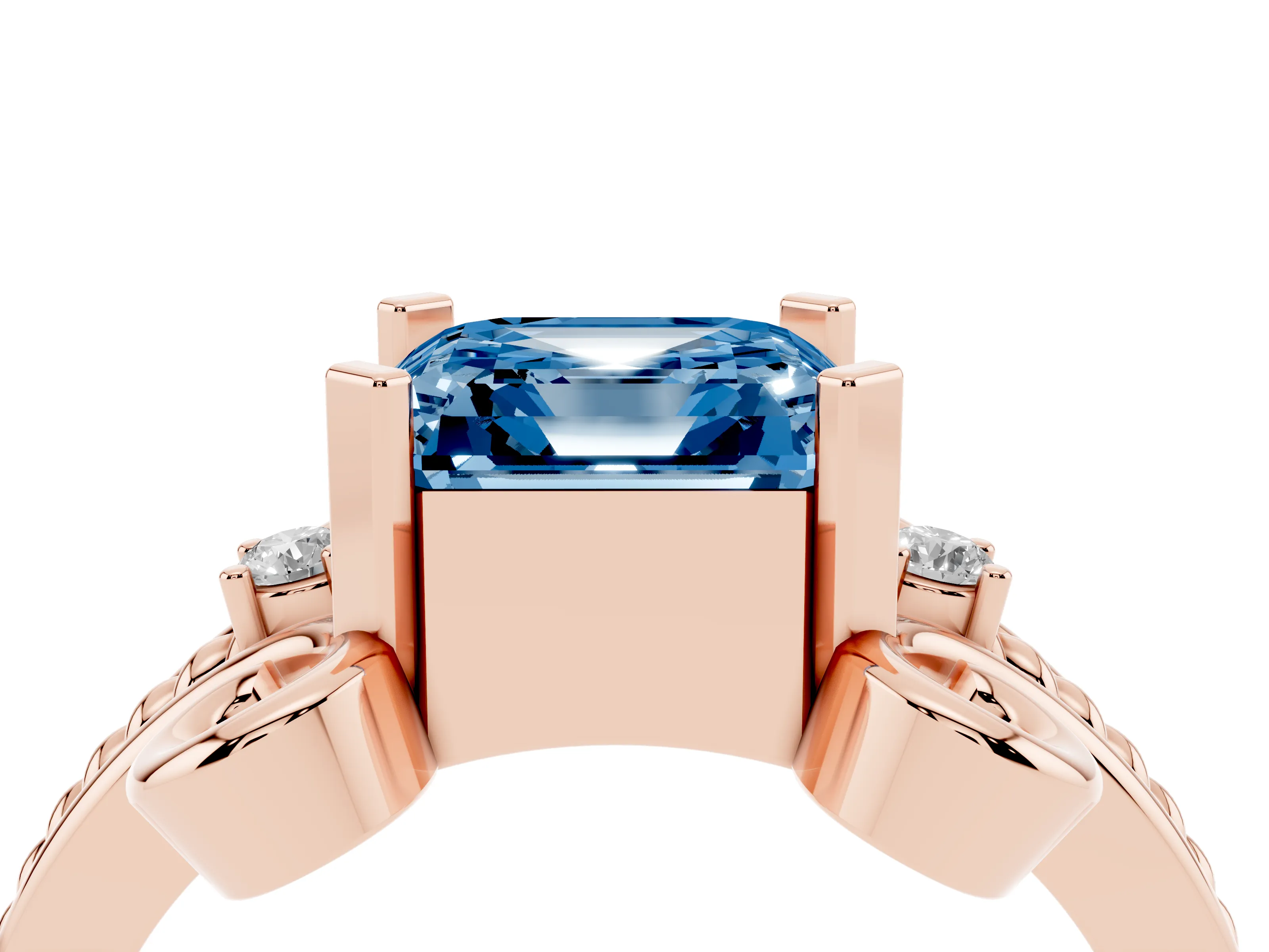 Fancy Blue Asscher Cut Diamond Twisted Band Solitaire Ring Set in Rose gold with Scroll Prongs